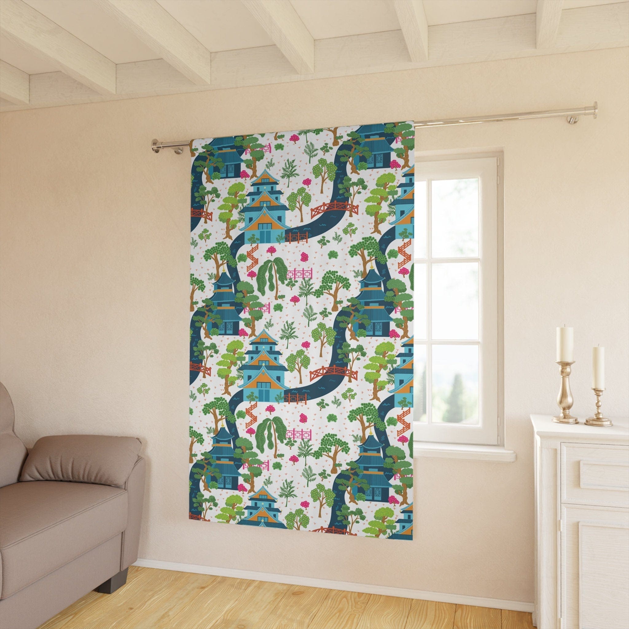 Kate McEnroe New York Chinoiserie Pagodas Botanical Toile Garden Curtains in Blue, White, Pink and Green by Kate McEnroe New York - KM13819923Window CurtainsW3S - CHI - MON - SH1