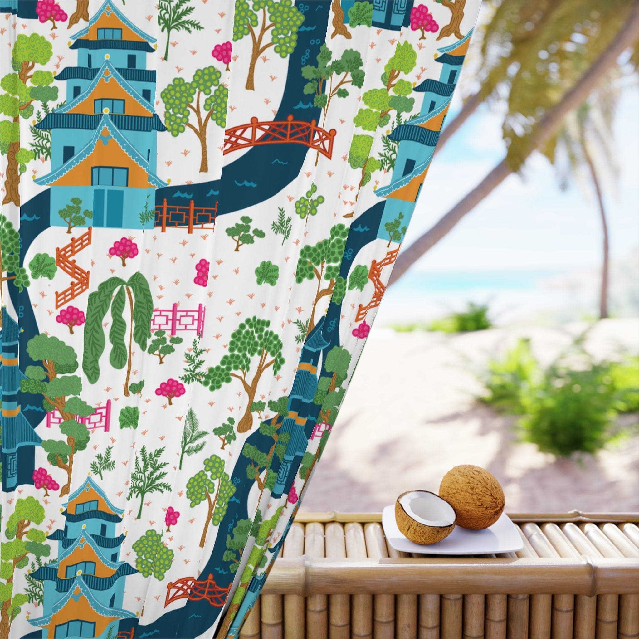 Kate McEnroe New York Chinoiserie Pagodas Botanical Toile Garden Curtains in Blue, White, Pink and Green by Kate McEnroe New York - KM13819923Window CurtainsW3S - CHI - MON - SH1