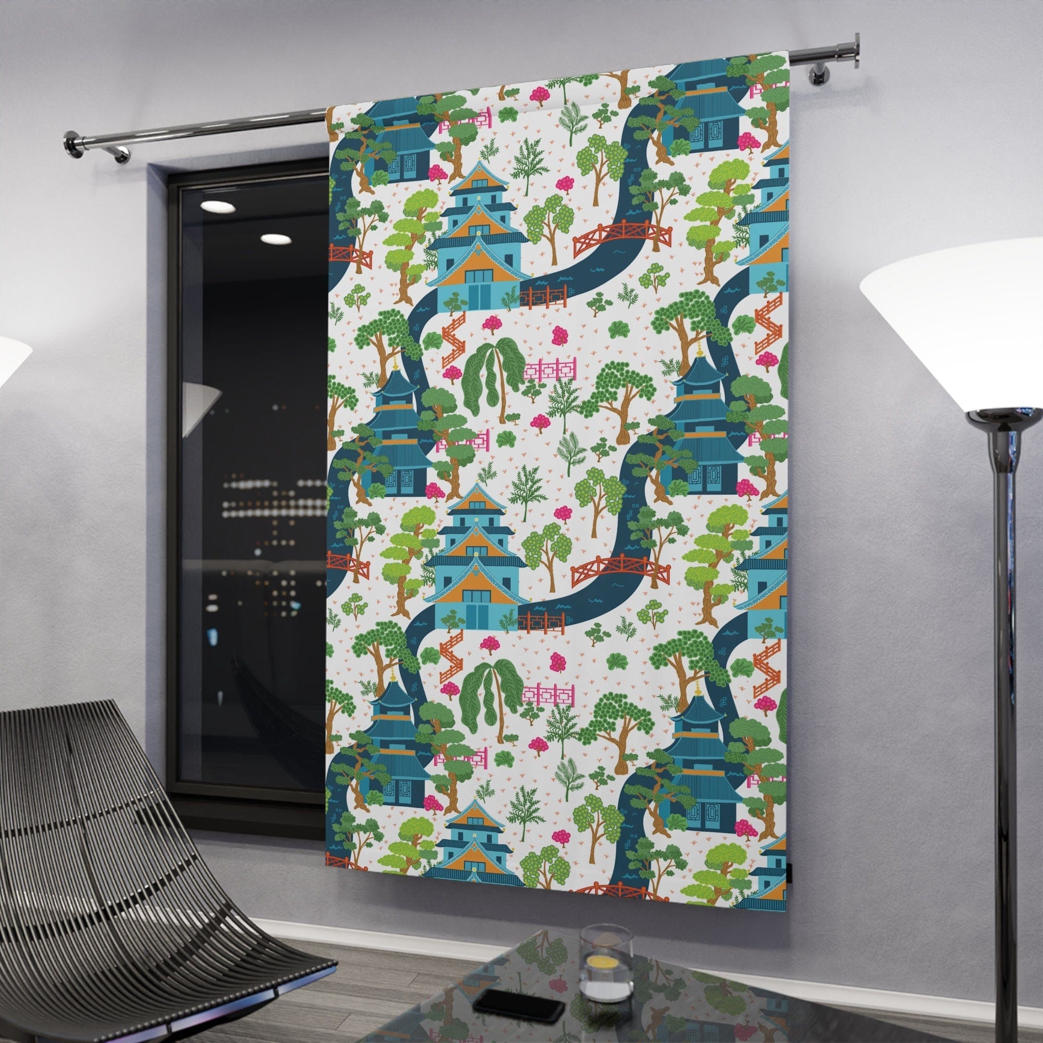 Kate McEnroe New York Chinoiserie Pagodas Botanical Toile Garden Curtains in Blue, White, Pink and Green by Kate McEnroe New York - KM13819923Window CurtainsW3S - CHI - MON - SH1