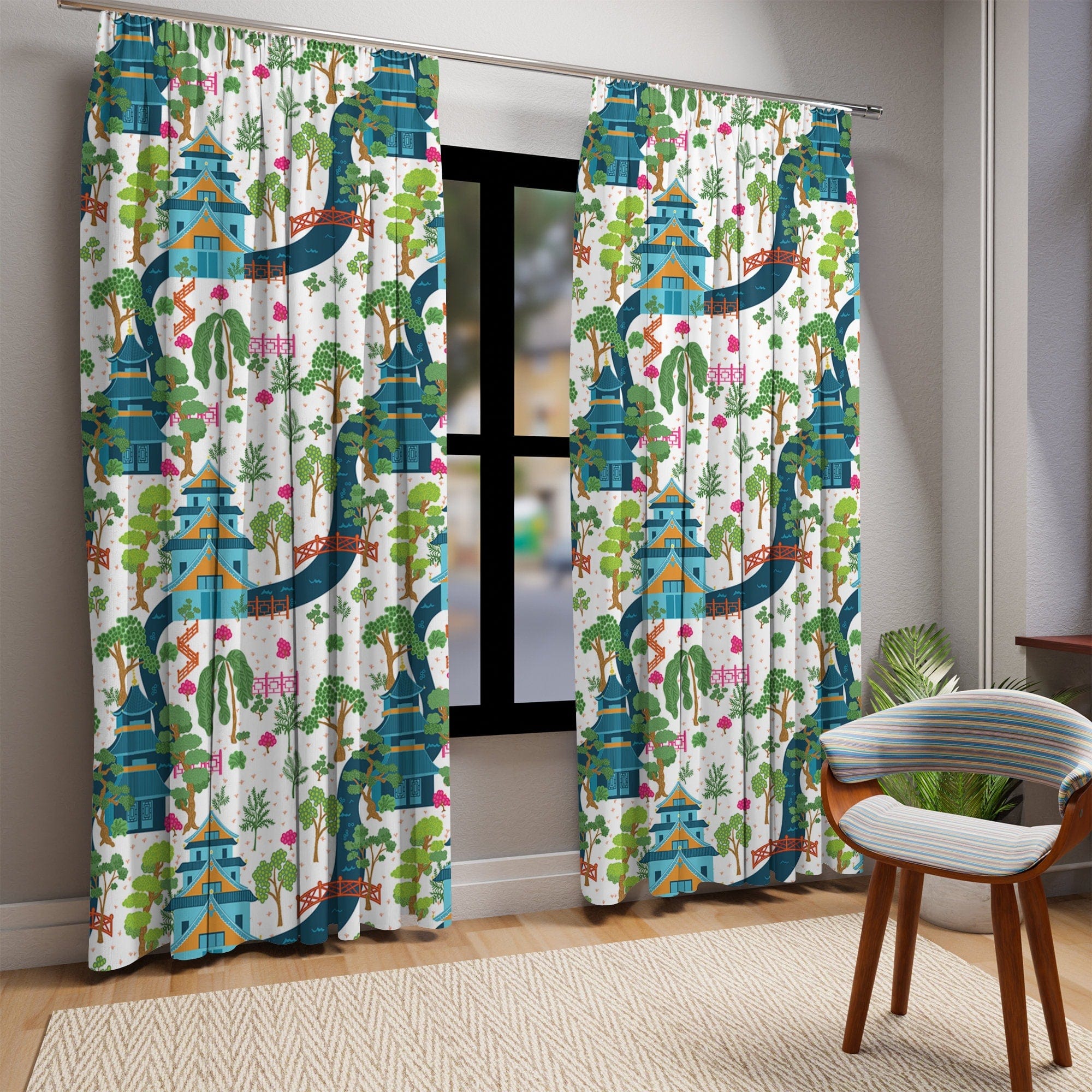 Kate McEnroe New York Chinoiserie Pagodas Botanical Toile Garden Curtains in Blue, White, Pink and Green by Kate McEnroe New York - KM13819923Window CurtainsW3S - CHI - MON - SH1