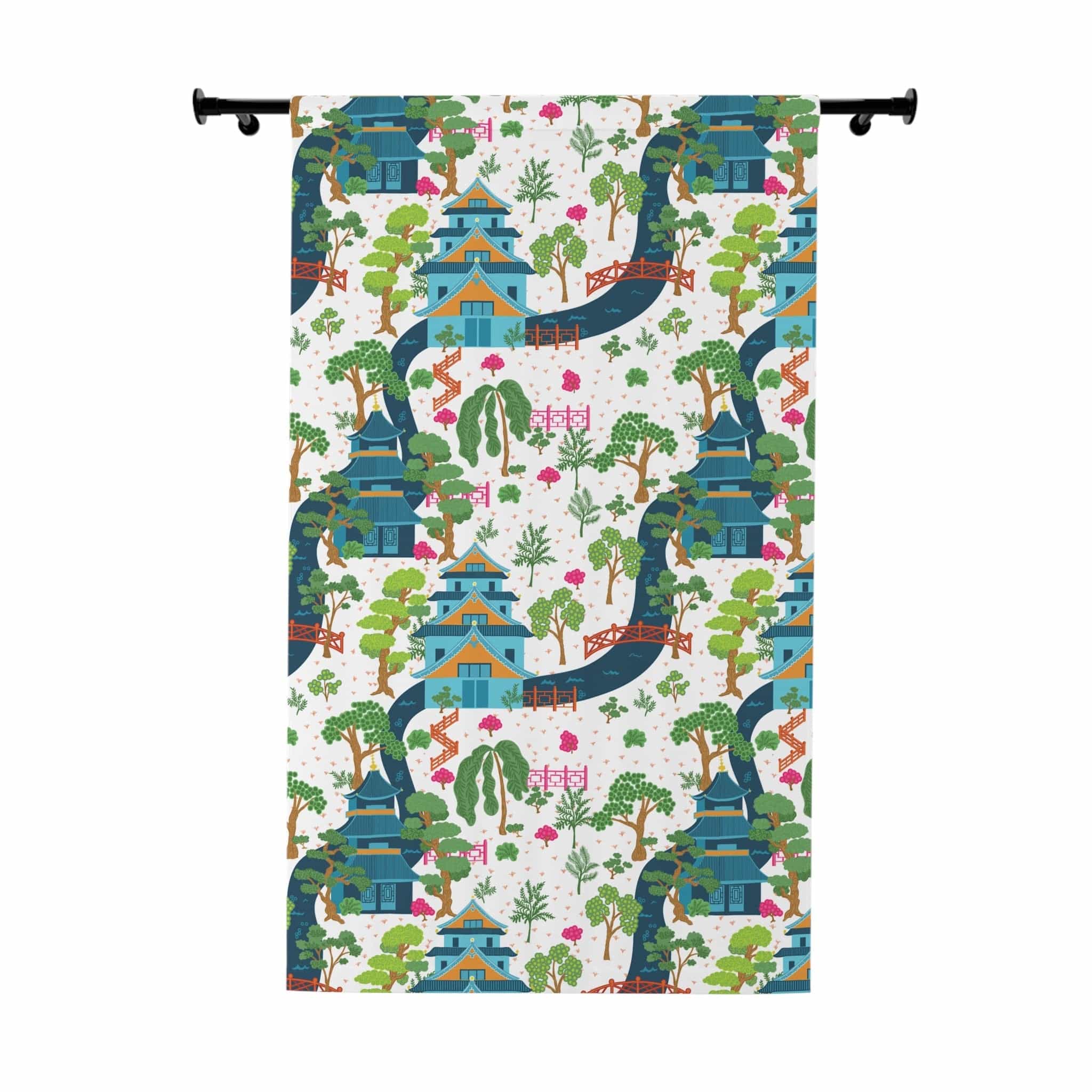 Kate McEnroe New York Chinoiserie Pagodas Botanical Toile Garden Curtains in Blue, White, Pink and Green by Kate McEnroe New York - KM13819923Window CurtainsW3S - CHI - MON - SH1