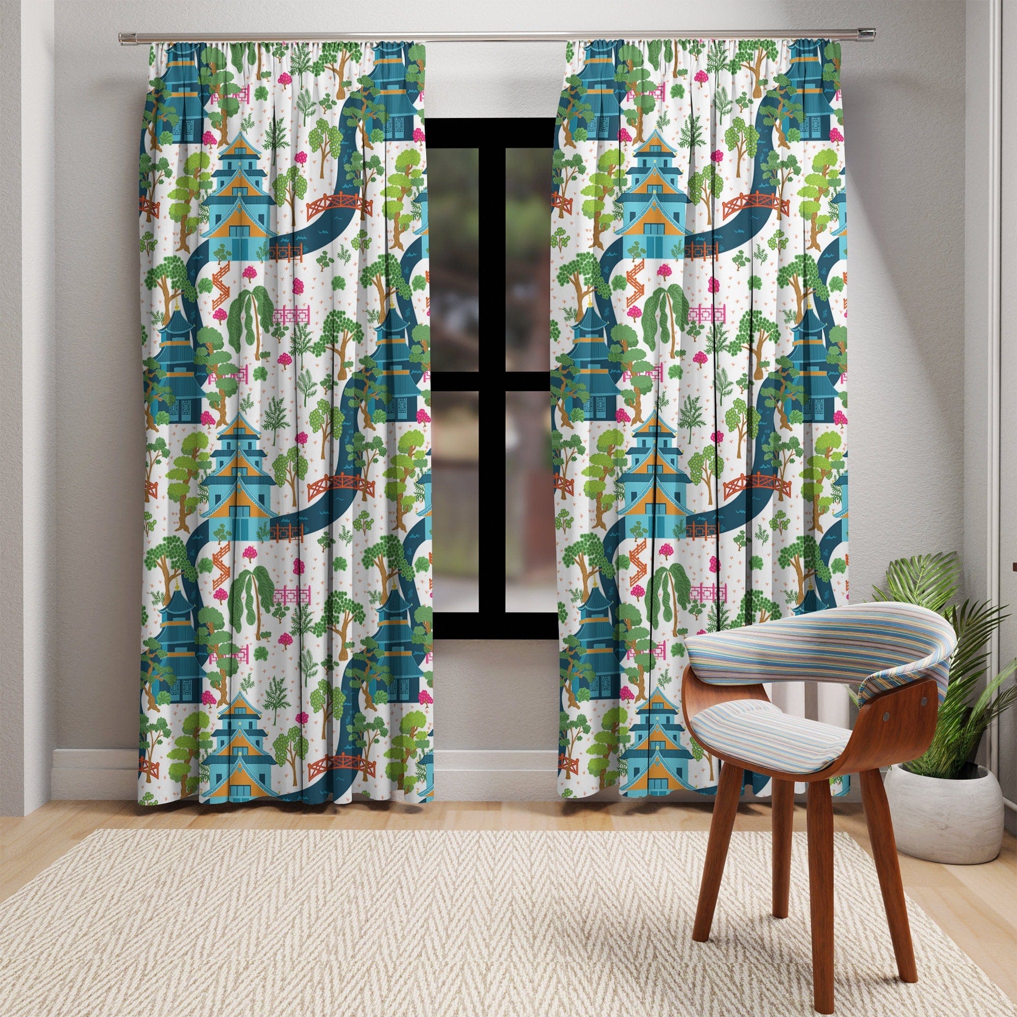 Kate McEnroe New York Chinoiserie Pagodas Botanical Toile Garden Curtains in Blue, White, Pink and Green by Kate McEnroe New York - KM13819923Window CurtainsW3S - CHI - MON - SH1