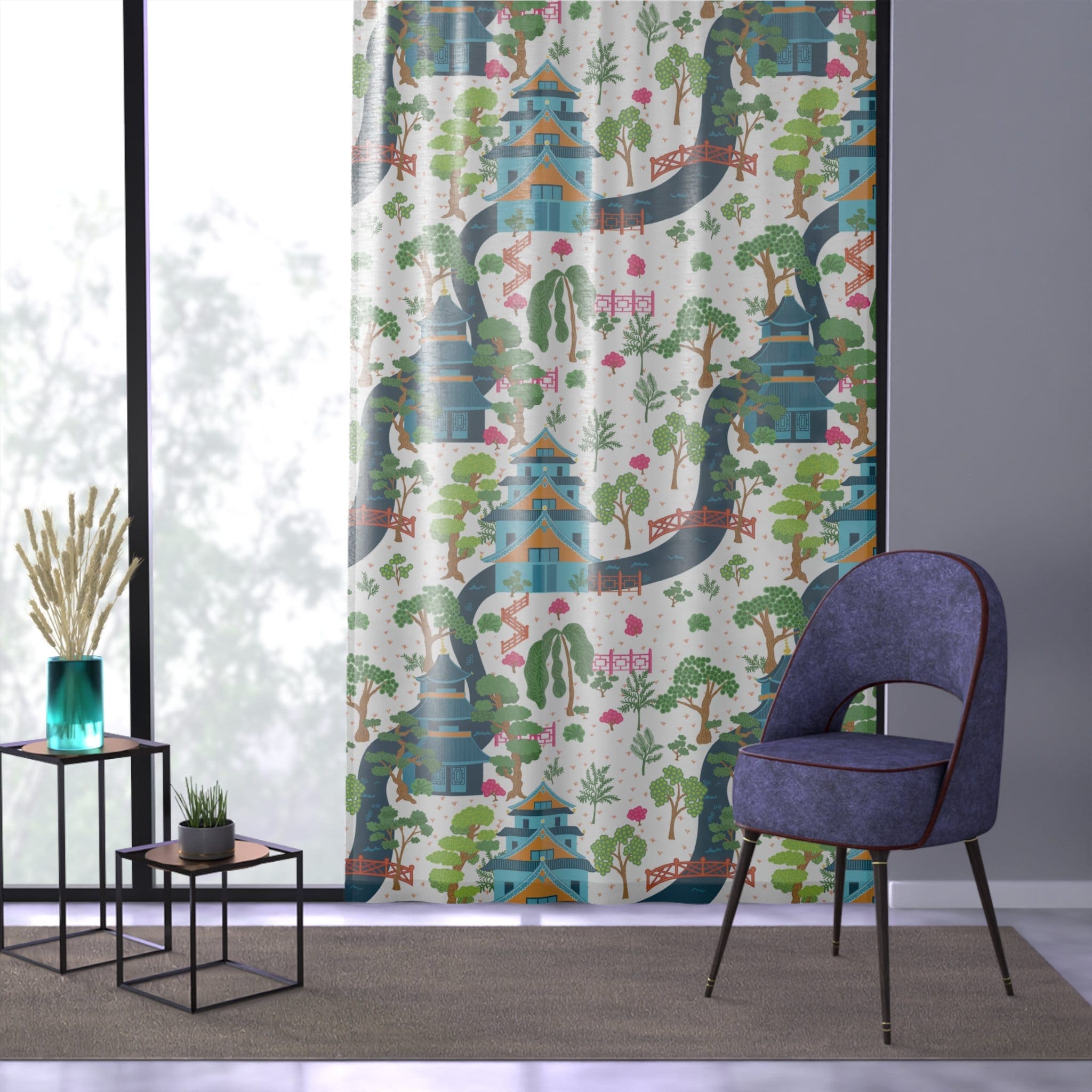Kate McEnroe New York Chinoiserie Pagodas Botanical Toile Garden Curtains in Blue, White, Pink and Green by Kate McEnroe New York - KM13819923Window CurtainsW3S - CHI - MON - SH1