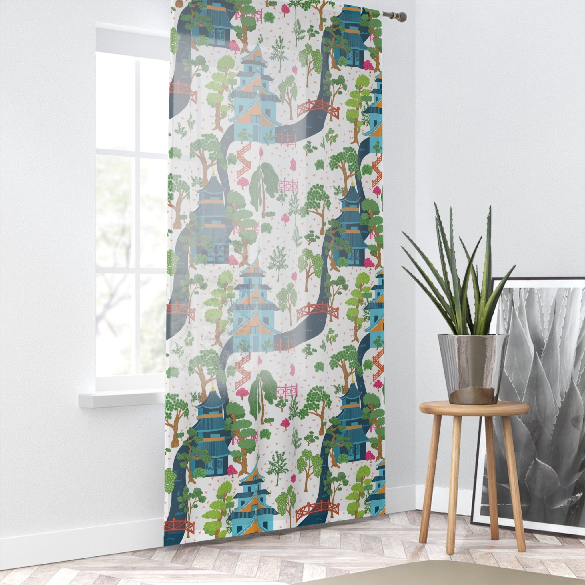 Kate McEnroe New York Chinoiserie Pagodas Botanical Toile Garden Curtains in Blue, White, Pink and Green by Kate McEnroe New York - KM13819923Window CurtainsW3S - CHI - MON - SH1