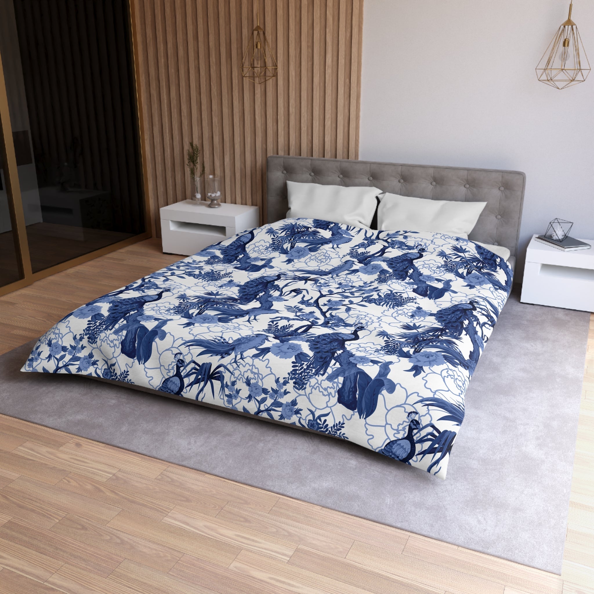 Kate McEnroe New York Chinoiserie Peacock Duvet Cover, Blue Floral Bedding, Elegant Bedroom Decor, Asian BeddingDuvet Covers10690694362860719549