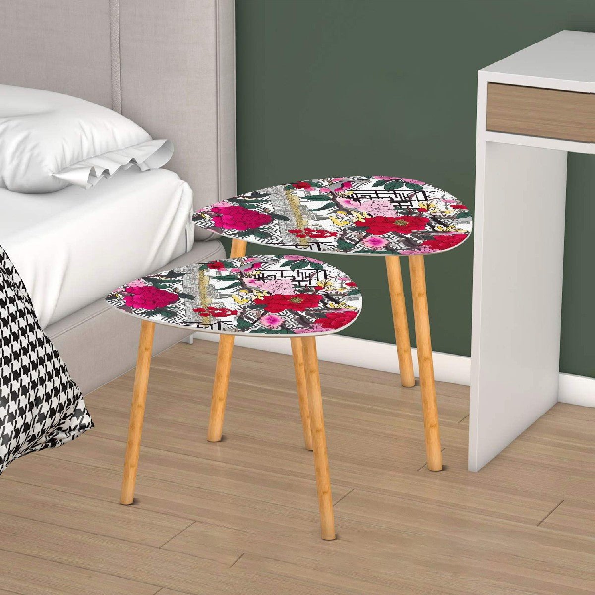 Kate McEnroe New York Chinoiserie Peony Nesting Tables, Bold Red Pink Floral Design, Asian Style Art Furniture AccentNesting TablesHw5uhtkjzN