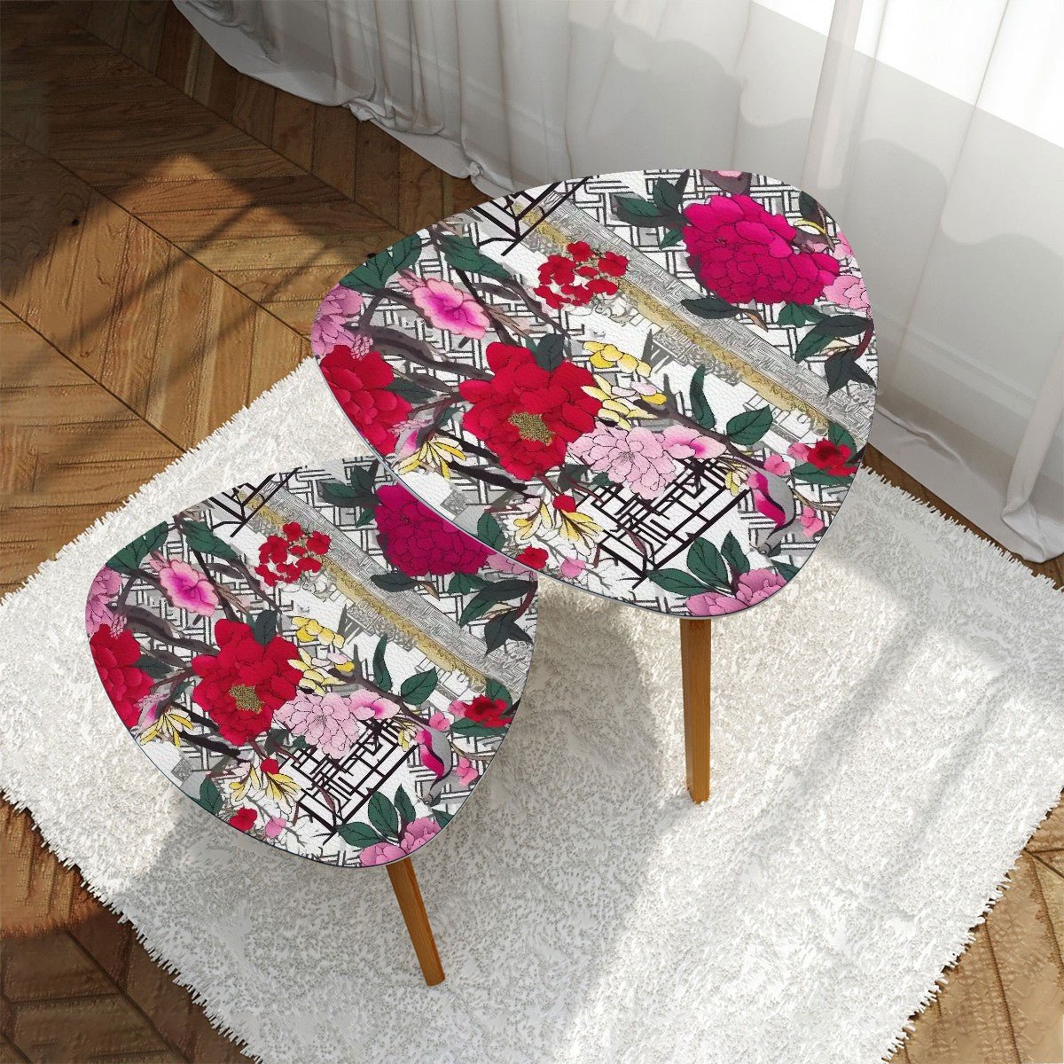 Kate McEnroe New York Chinoiserie Peony Nesting Tables, Bold Red Pink Floral Design, Asian Style Art Furniture AccentNesting TablesHw5uhtkjzN