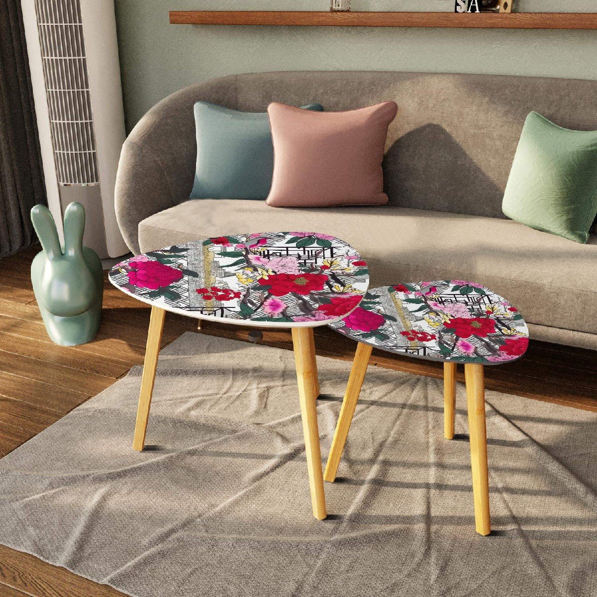 Kate McEnroe New York Chinoiserie Peony Nesting Tables, Bold Red Pink Floral Design, Asian Style Art Furniture AccentNesting TablesHw5uhtkjzN