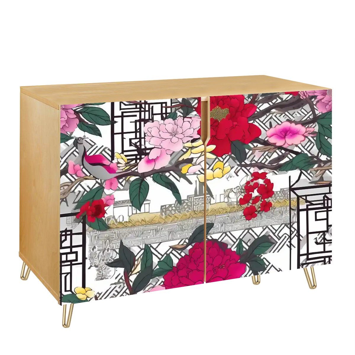 Kate McEnroe New York Chinoiserie Peony Shoe Cabinet, Red Pink Floral Storage Unit, Asian Style Entryway FurnitureStorage CabinetsrYkUz43Awu