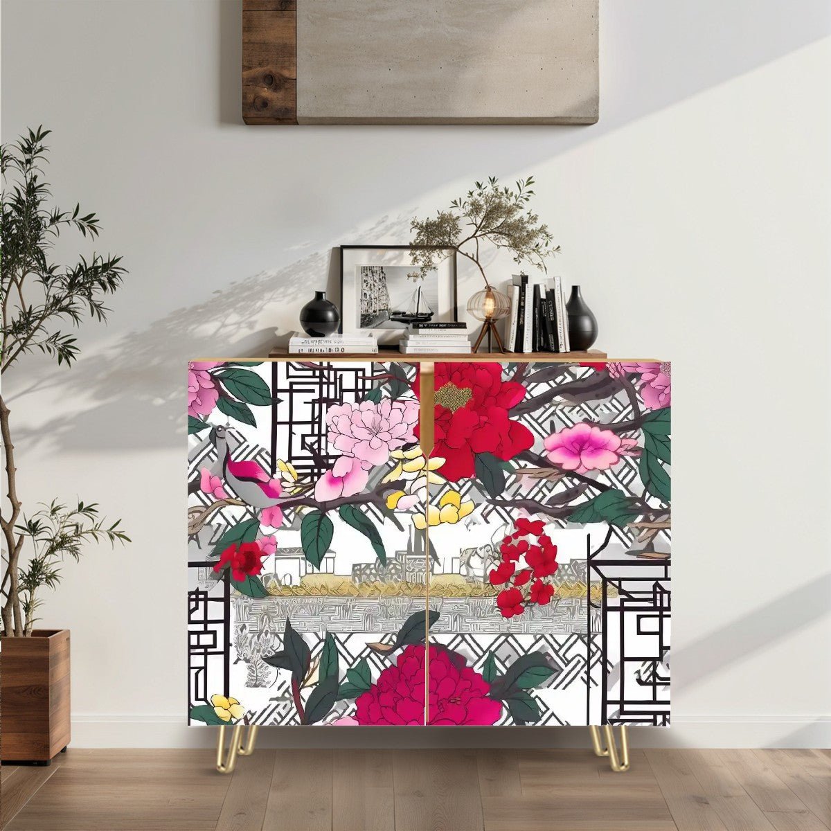 Kate McEnroe New York Chinoiserie Peony Shoe Cabinet, Red Pink Floral Storage Unit, Asian Style Entryway FurnitureStorage CabinetsrYkUz43Awu