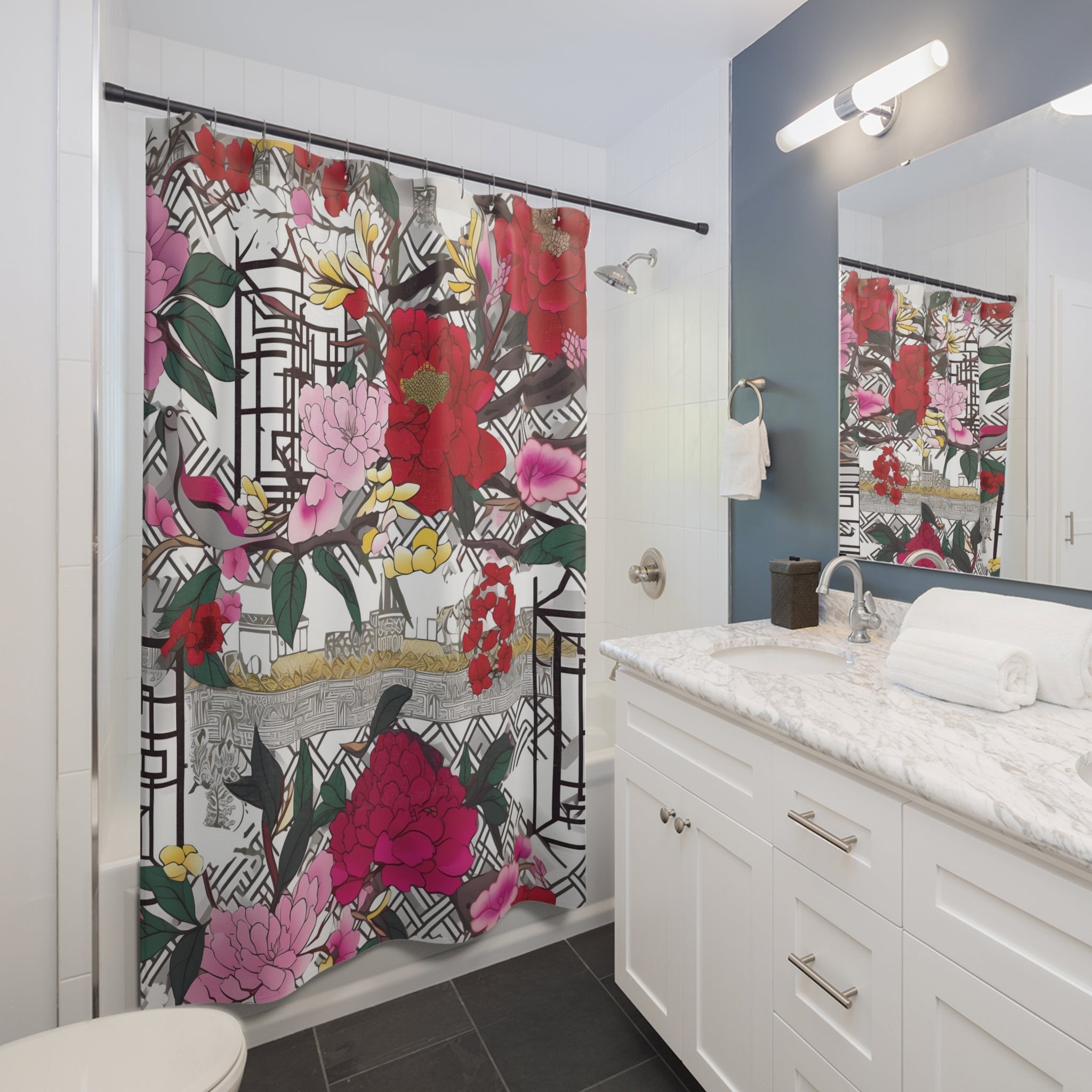 Kate McEnroe New York Chinoiserie Peony Shower Curtain, Bold Floral Oriental Bathroom DecorShower Curtains53665395071939664195