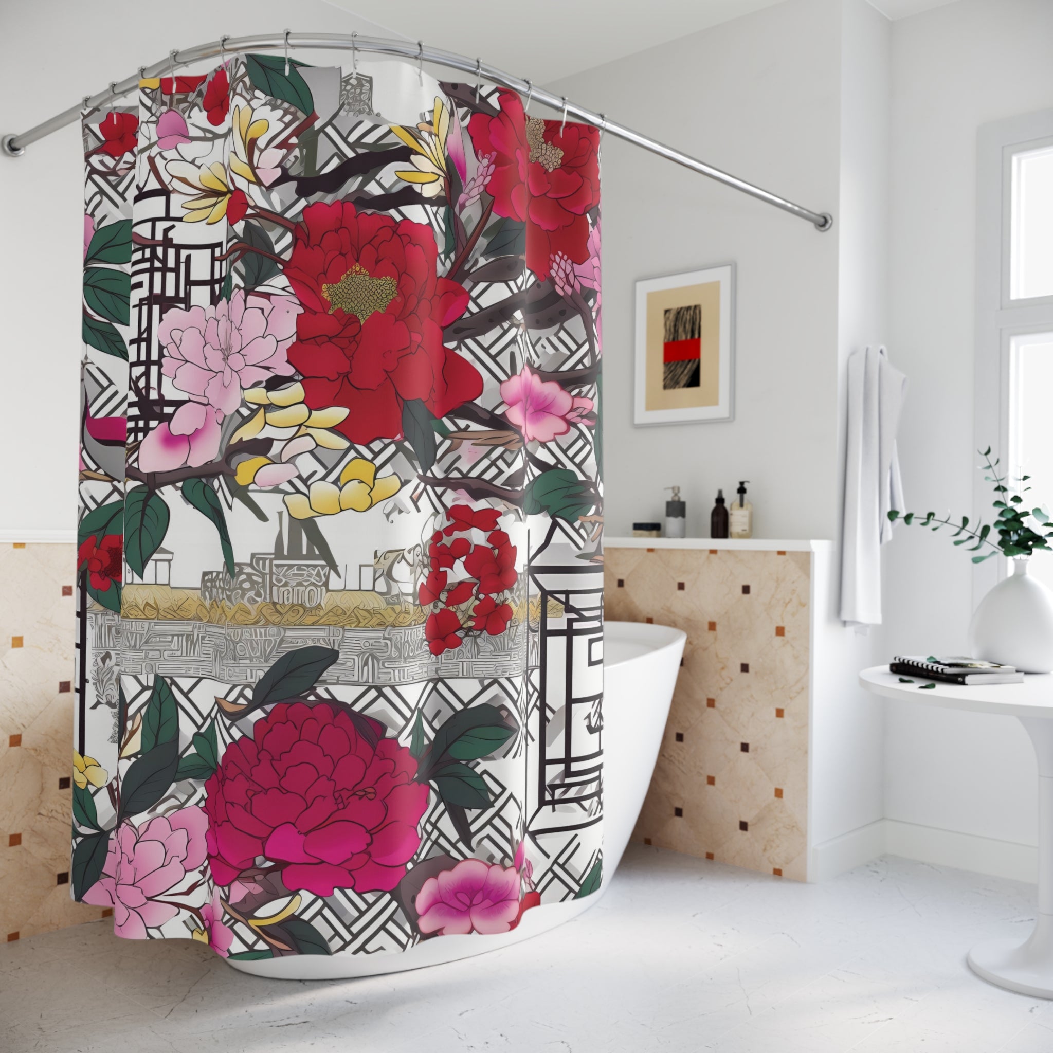 Kate McEnroe New York Chinoiserie Peony Shower Curtain, Bold Floral Oriental Bathroom DecorShower Curtains53665395071939664195