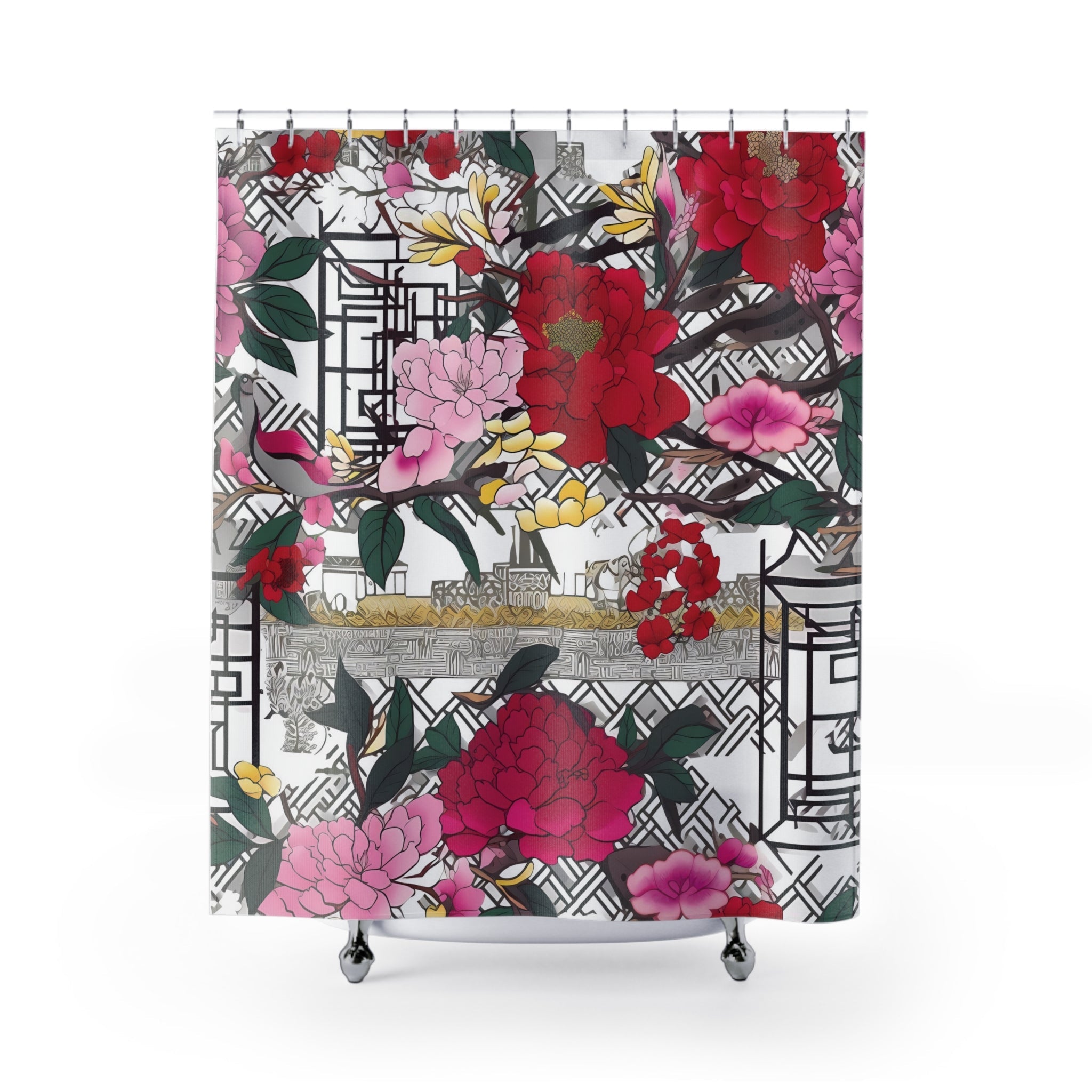 Kate McEnroe New York Chinoiserie Peony Shower Curtain, Bold Floral Oriental Bathroom DecorShower Curtains53665395071939664195