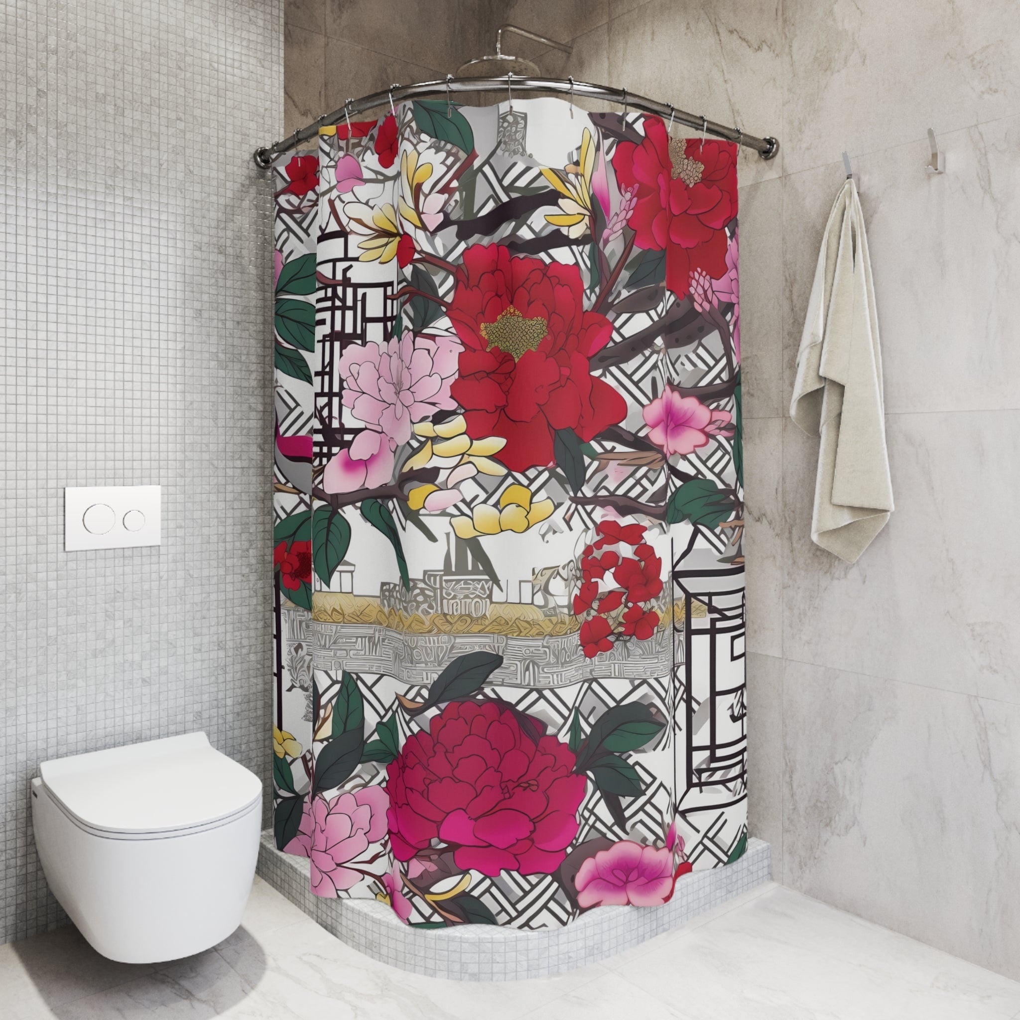 Kate McEnroe New York Chinoiserie Peony Shower Curtain, Bold Floral Oriental Bathroom DecorShower Curtains53665395071939664195