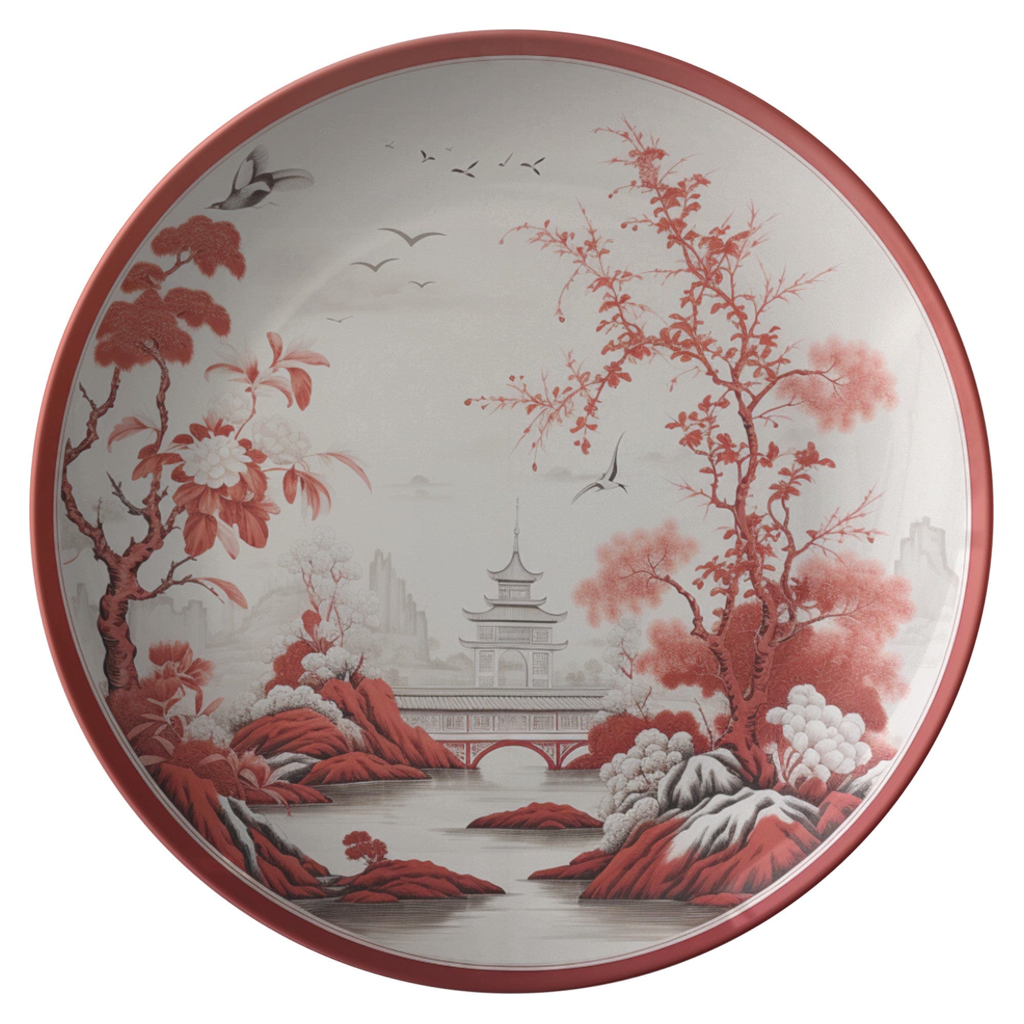 Kate McEnroe New York Chinoiserie Red Blossom Pagoda Landscape Dinner Plates, Vintage Oriental Birds DinnerwarePlatesP20 - CHI - RED - 9AS
