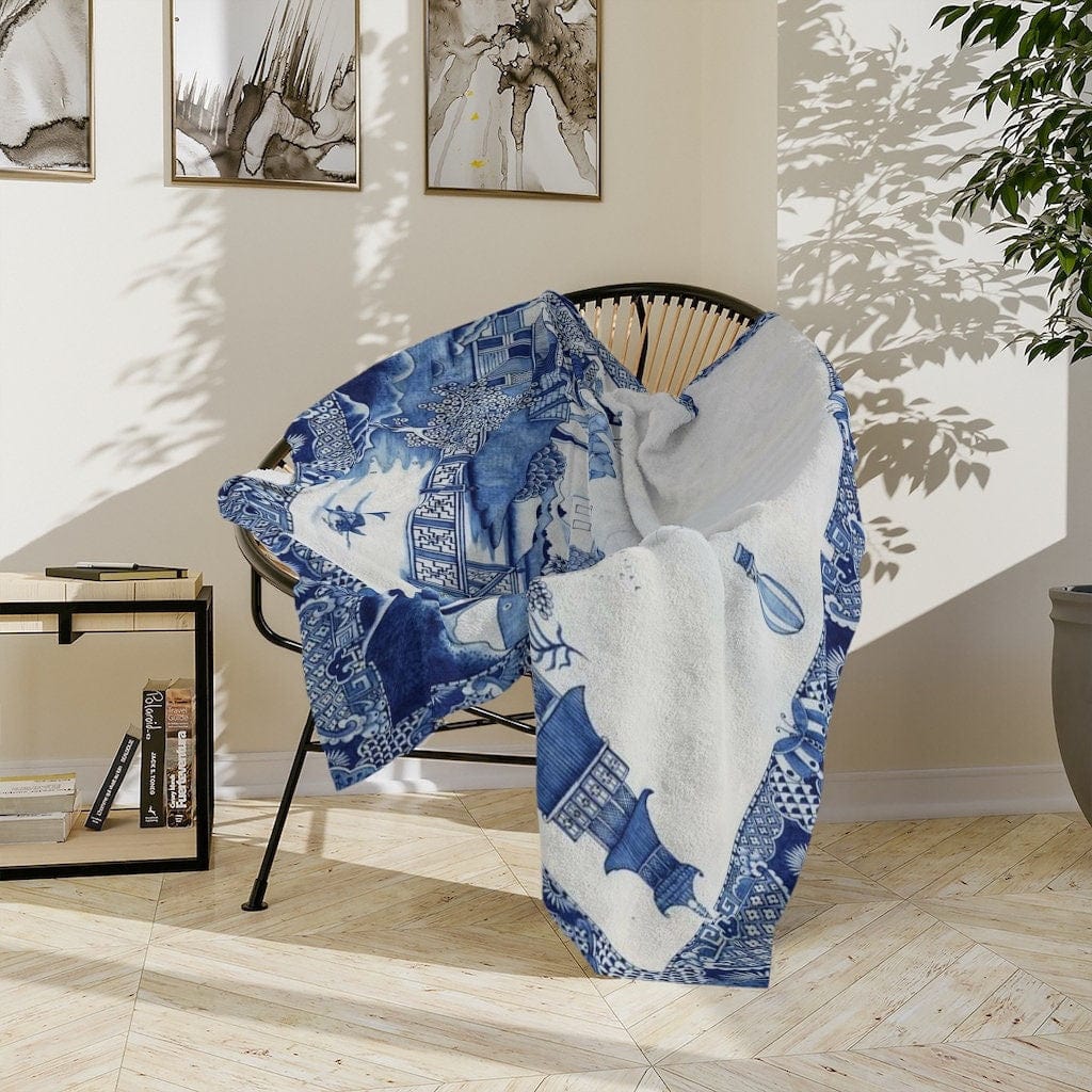 Kate McEnroe New York Chinoiserie Throw Blanket, Blue Willow Velveteen Minky Blanket, Maximalist Blanket, Pagoda Forest Cozy Blanket, Traditional Home Decor GiftsBlanketsBLA - CHI - WIL - 4X3