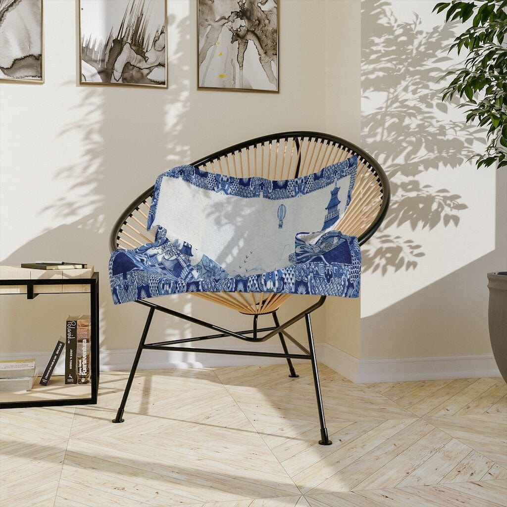 Kate McEnroe New York Chinoiserie Throw Blanket, Blue Willow Velveteen Minky Blanket, Maximalist Blanket, Pagoda Forest Cozy Blanket, Traditional Home Decor GiftsBlanketsBLA - CHI - WIL - 4X3
