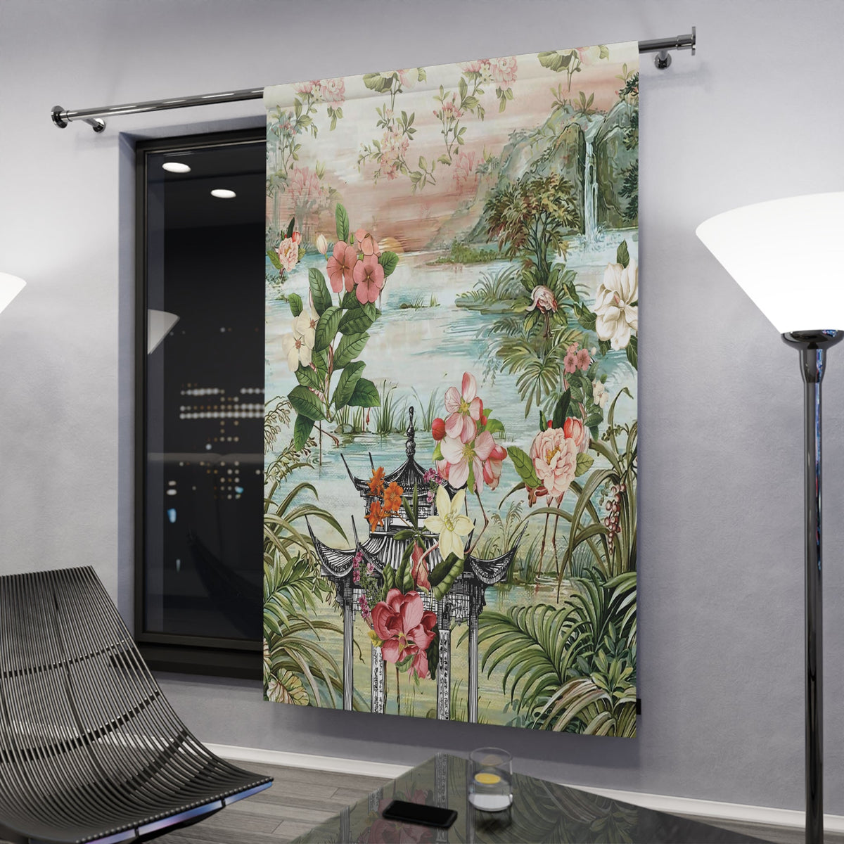 Kate McEnroe New York Chinoiserie Tranquil Floral Pagoda Garden Scene Blackout Window CurtainWindow Curtains35302626270995370539