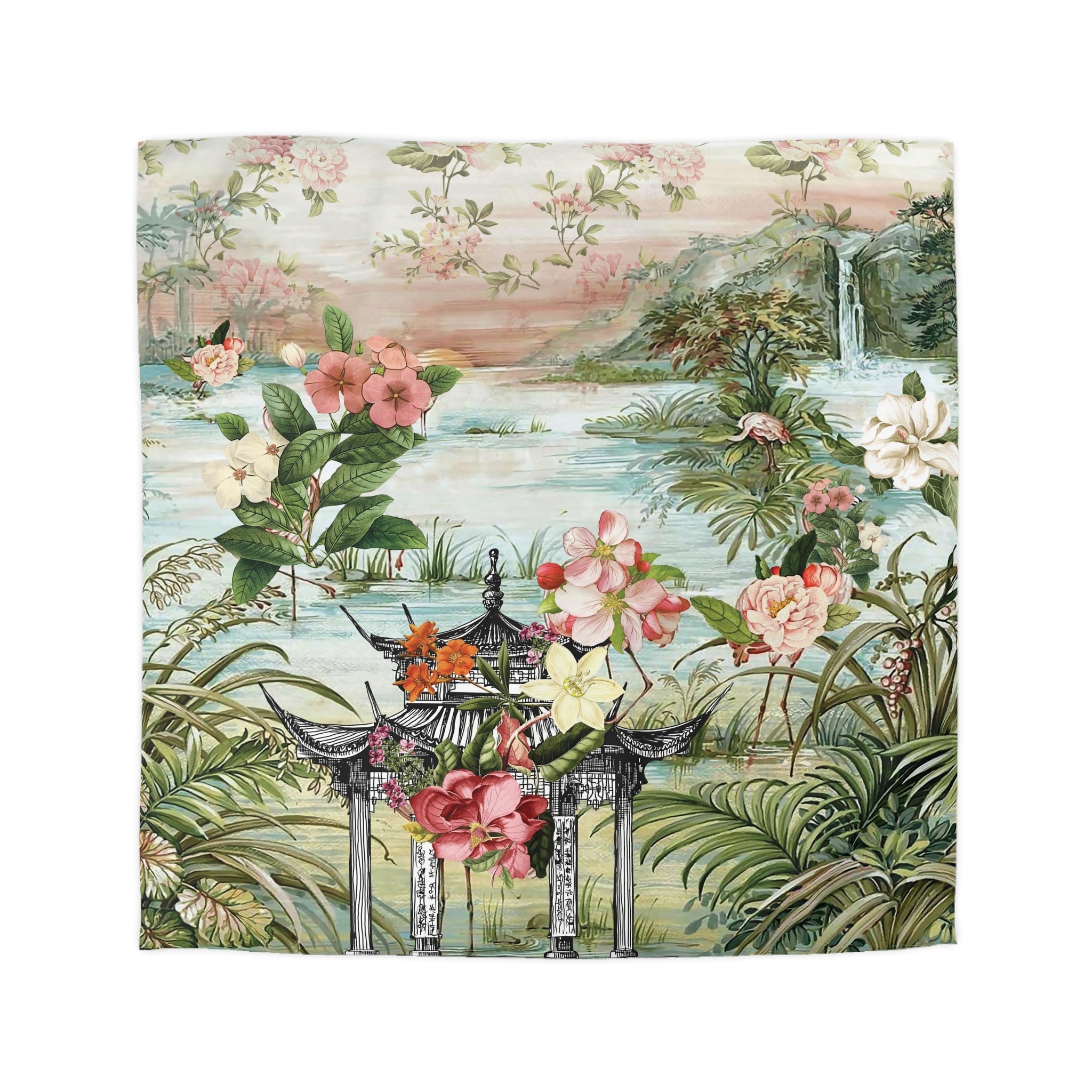Kate McEnroe New York Chinoiserie Tranquil Floral Pagoda Garden Scene Duvet CoverDuvet Covers10578427432151256111
