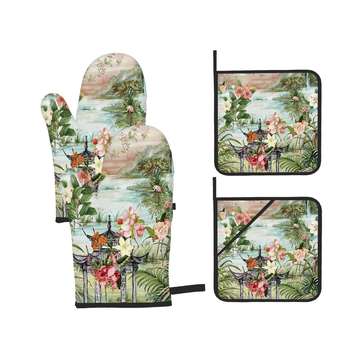 Kate McEnroe New York Chinoiserie Tranquil Floral Pagoda Garden Scene Oven Mitts and Pot Holders SetOven Mitts & Pot Holder SetH5KRTB-CWGW7N-8VIID7