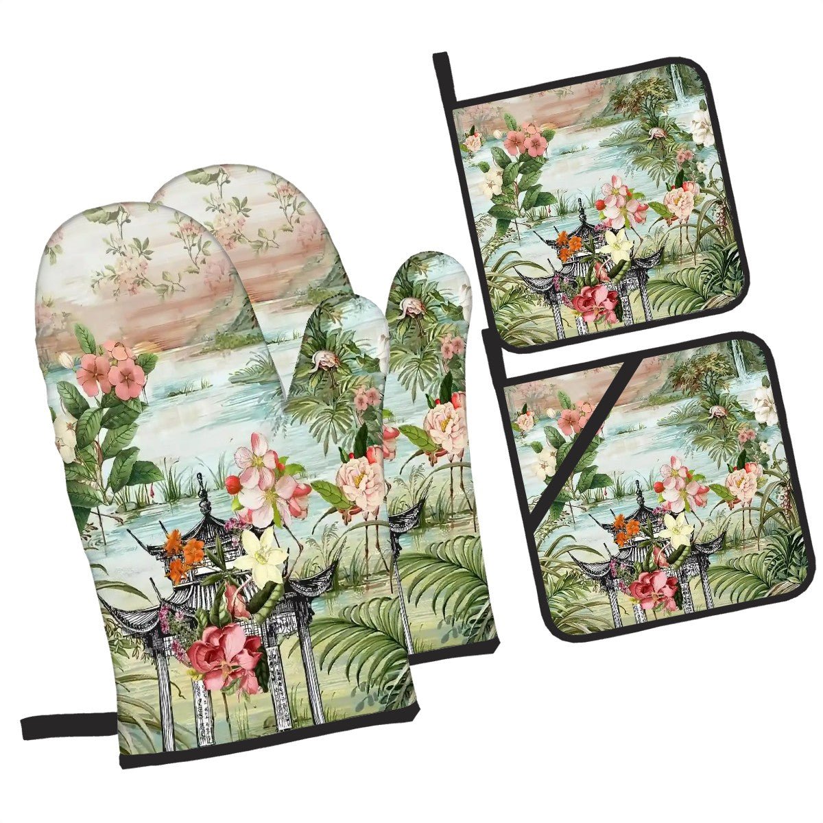 Kate McEnroe New York Chinoiserie Tranquil Floral Pagoda Garden Scene Oven Mitts and Pot Holders SetOven Mitts & Pot Holder SetH5KRTB-CWGW7N-8VIID7