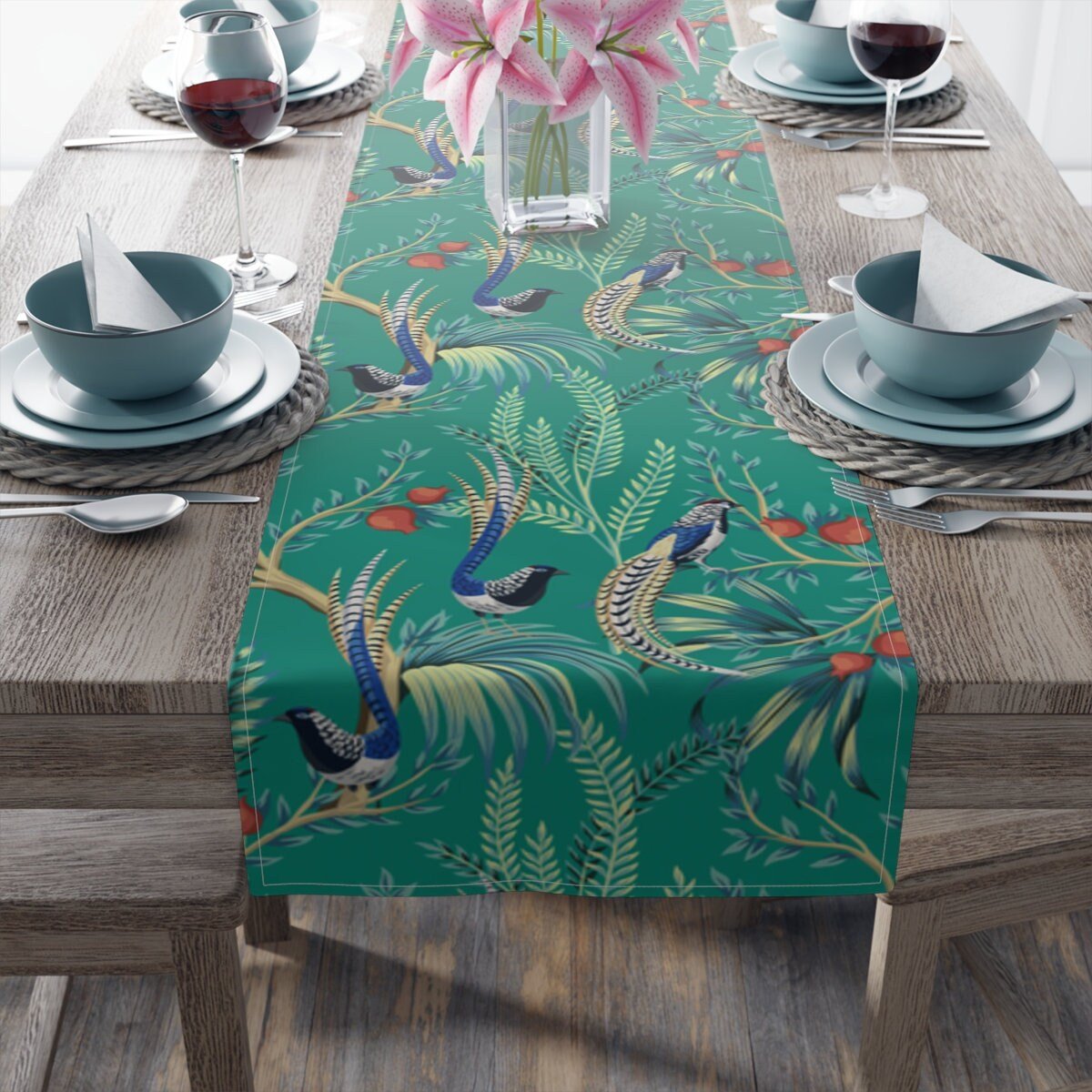Kate McEnroe New York Chinoiserie Vintage Tropical Birds Floral Table RunnerTable Runners30129274926042936362