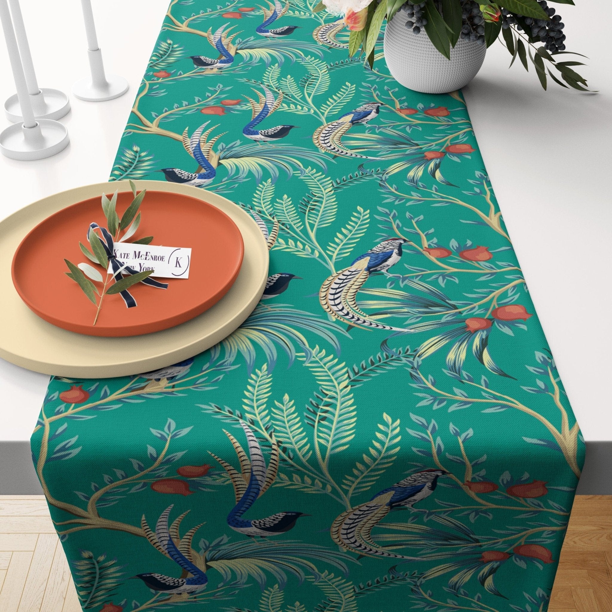 Kate McEnroe New York Chinoiserie Vintage Tropical Birds Floral Table RunnerTable Runners30129274926042936362