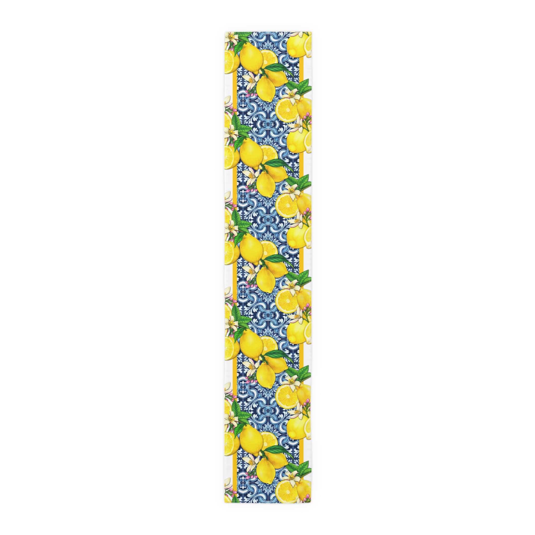 Kate McEnroe New York Cobalt Blue and Yellow Lemon & Tiles Table Runner, Cotton Twill or Polyester, Mediterranean Citrus Floral Dining Table Centerpiece, Unique GiftsTable Runners59844087701463039373