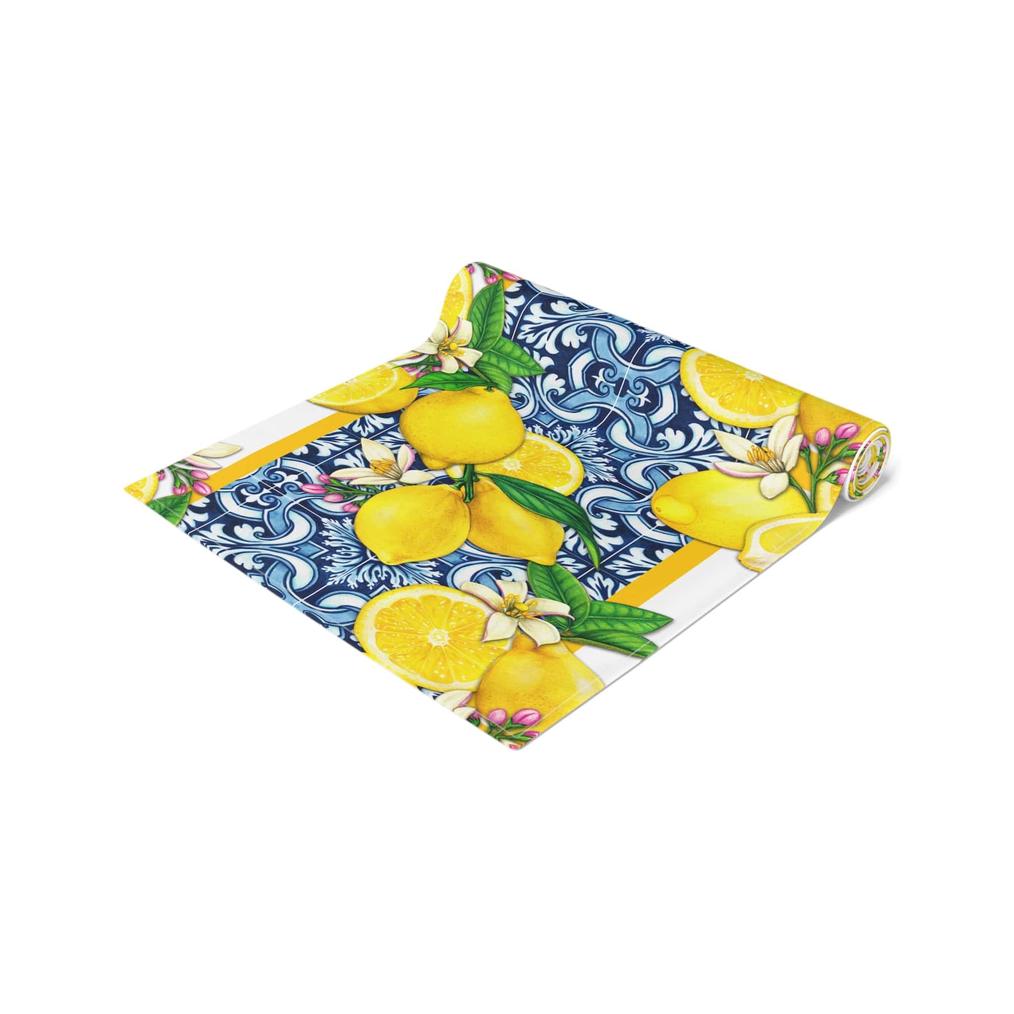 Kate McEnroe New York Cobalt Blue and Yellow Lemon & Tiles Table Runner, Cotton Twill or Polyester, Mediterranean Citrus Floral Dining Table Centerpiece, Unique GiftsTable Runners59844087701463039373