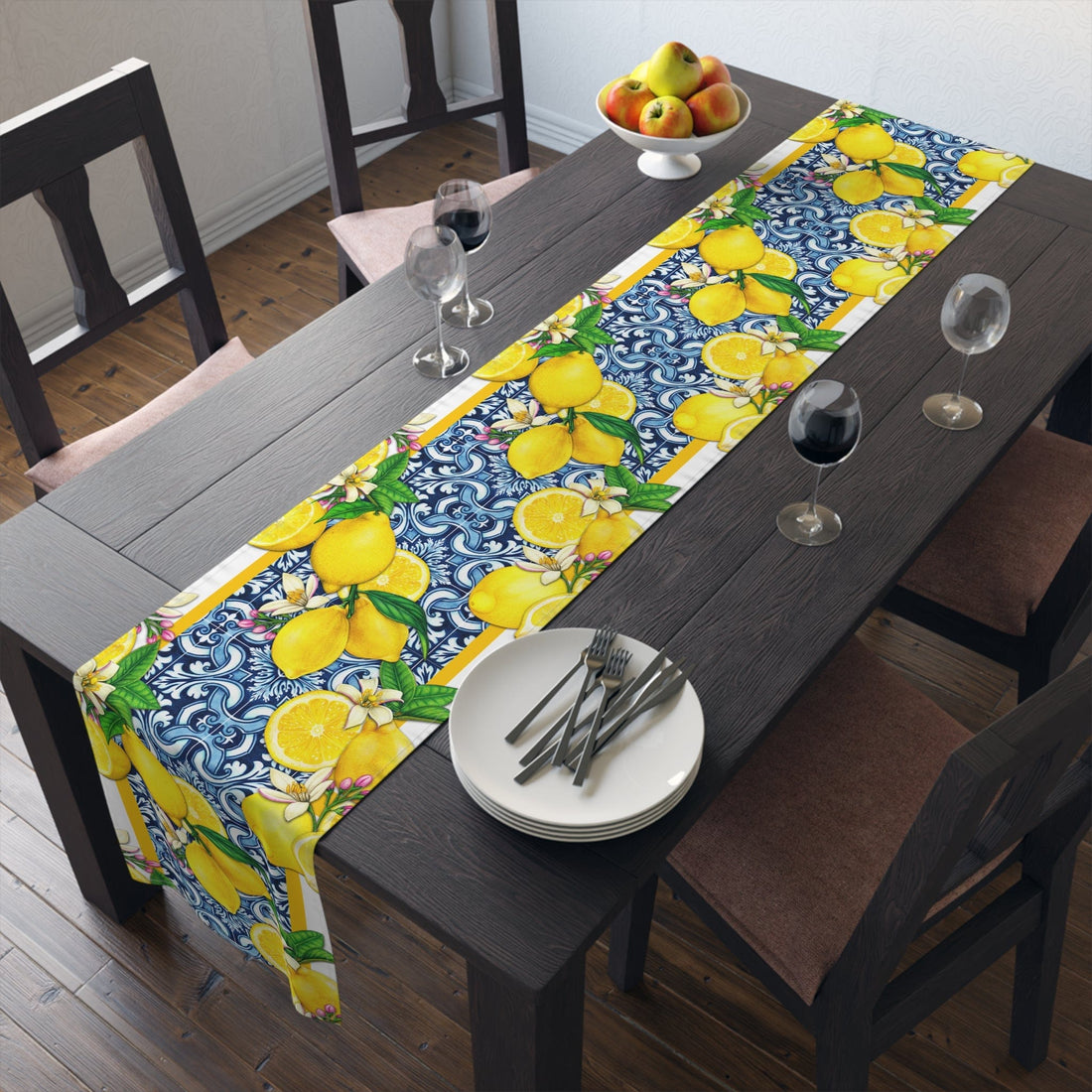 Printify Cobalt Blue and Yellow Lemon &amp; Tiles Table Runner, Cotton Twill or Polyester, Mediterranean Citrus Floral Dining Table Centerpiece, Unique Gifts Home Decor