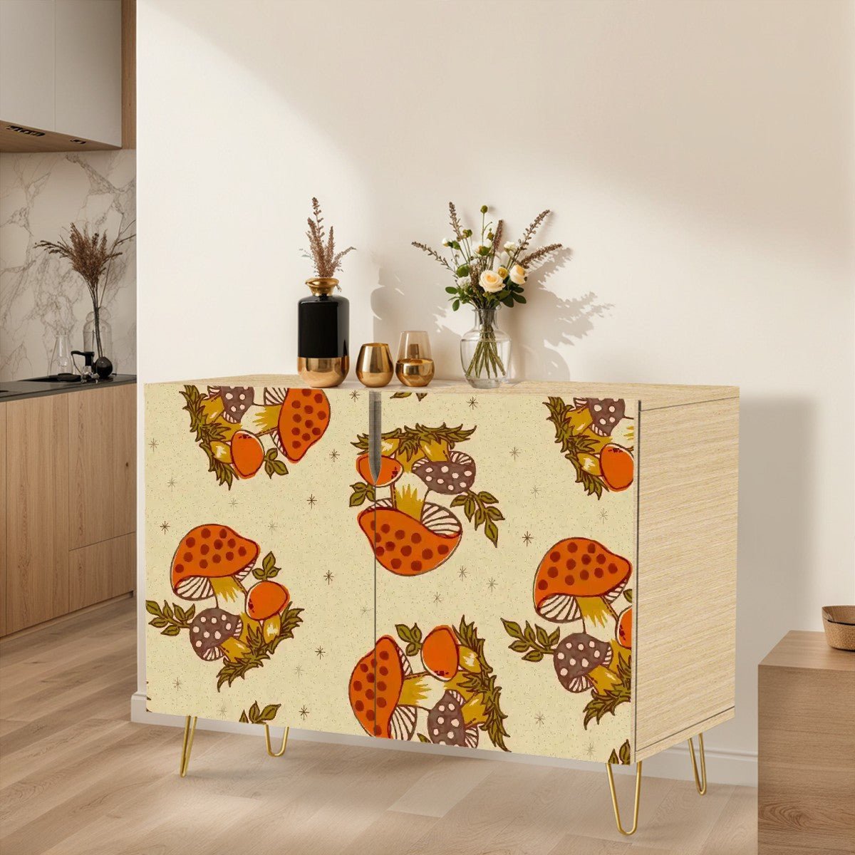 Kate McEnroe New York Cottagecore Merry Mushroom Retro Storage Cabinet, Mid Century Modern Boho Accent Sideboard, Vintage Botanical FurnitureStorage Cabinetsv67989SGFe