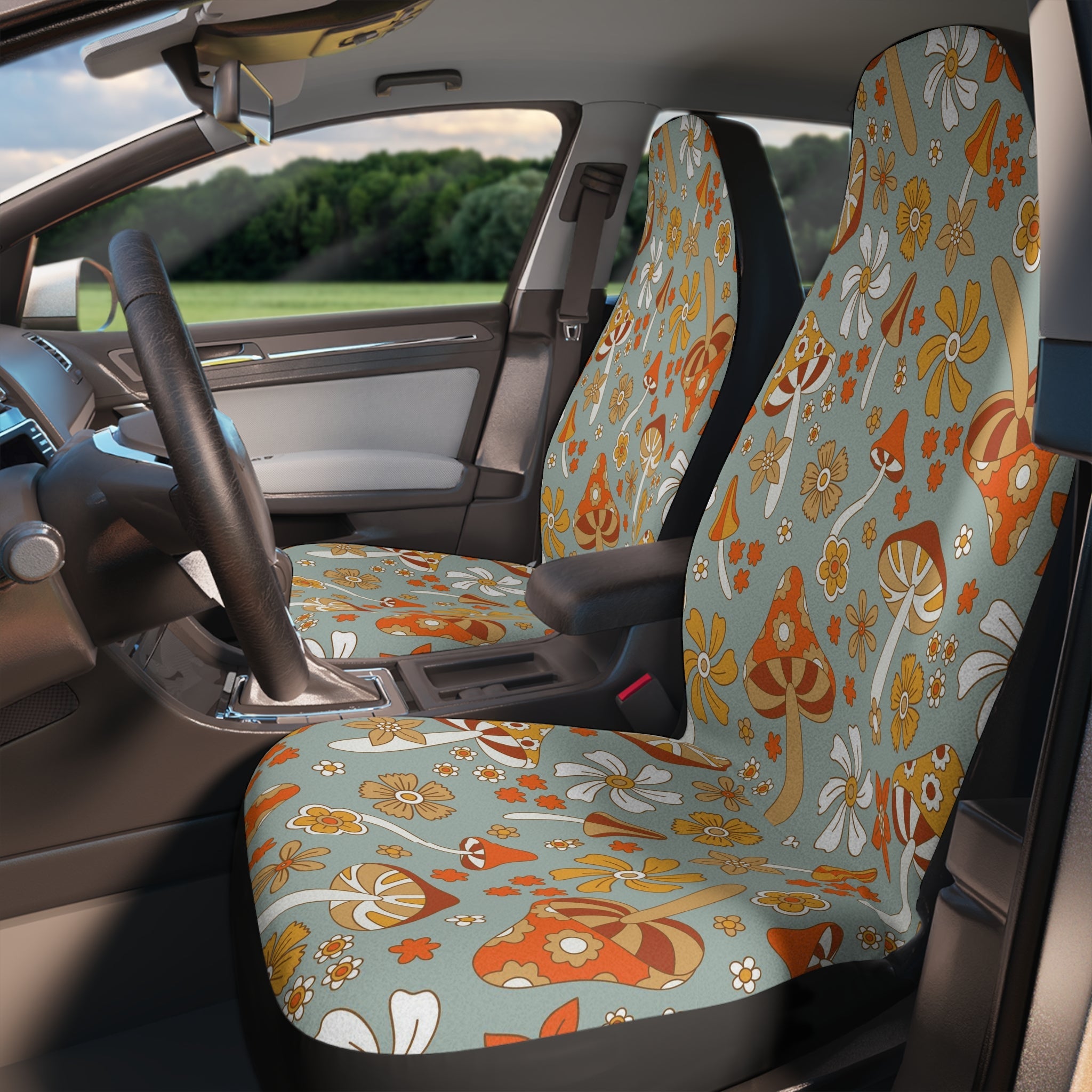 Kate McEnroe New York Cottagecore Mushroom Aesthetic Car Seat Covers, Retro Hippie 70s Sage Green, Orange Floral Psychedelic Mid Century Modern Car Seat ProtectorCar Seat Covers31535805201585837219