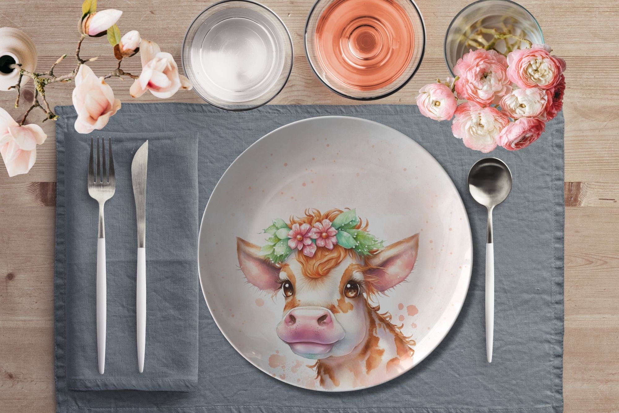 Kate McEnroe New York Country Farmhouse Watercolor Floral Cow Dinner PlatePlatesP20 - WTC - COW - 1S