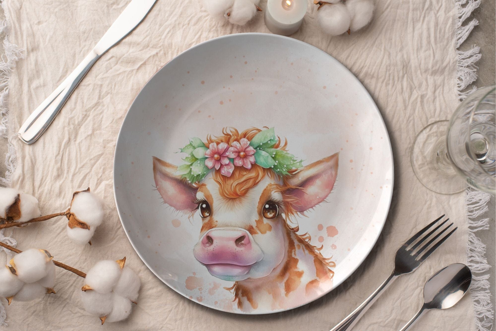 Kate McEnroe New York Country Farmhouse Watercolor Floral Cow Dinner PlatePlatesP20 - WTC - COW - 1S