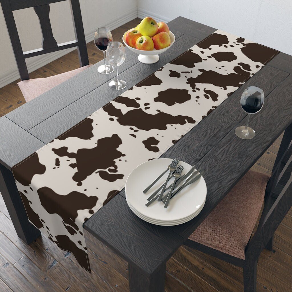 Kate McEnroe New York Cowhide Table Runner, Custom Designed Farmhouse Table Linen, Brown and White Cow Hide Print Tableware, 16x70, 16x90 Cotton, Poly Table CoverTable Runners11535473886265831305
