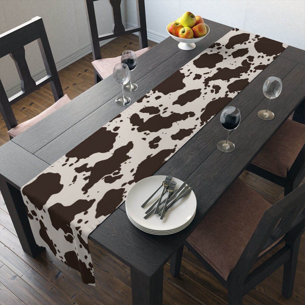 Kate McEnroe New York Cowhide Table Runner, Custom Designed Farmhouse Table Linen, Brown and White Cow Hide Print Tableware, 16x70, 16x90 Cotton, Poly Table CoverTable Runners11535473886265831305