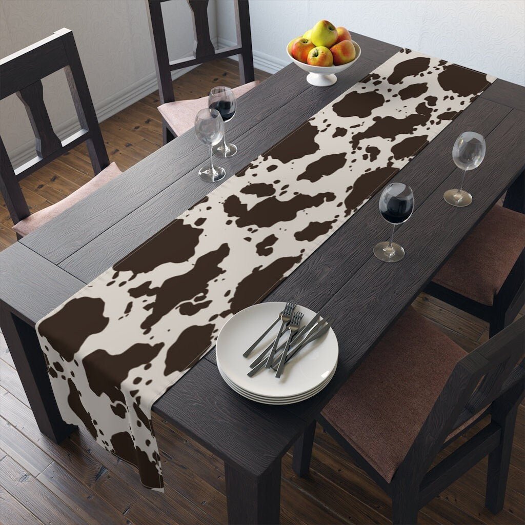 Kate McEnroe New York Cowhide Table Runner, Custom Designed Farmhouse Table Linen, Brown and White Cow Hide Print Tableware, 16x70, 16x90 Cotton, Poly Table CoverTable Runners11535473886265831305