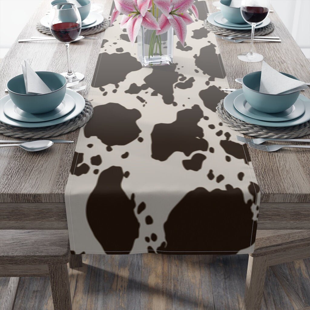 Kate McEnroe New York Cowhide Table Runner, Custom Designed Farmhouse Table Linen, Brown and White Cow Hide Print Tableware, 16x70, 16x90 Cotton, Poly Table CoverTable Runners11535473886265831305