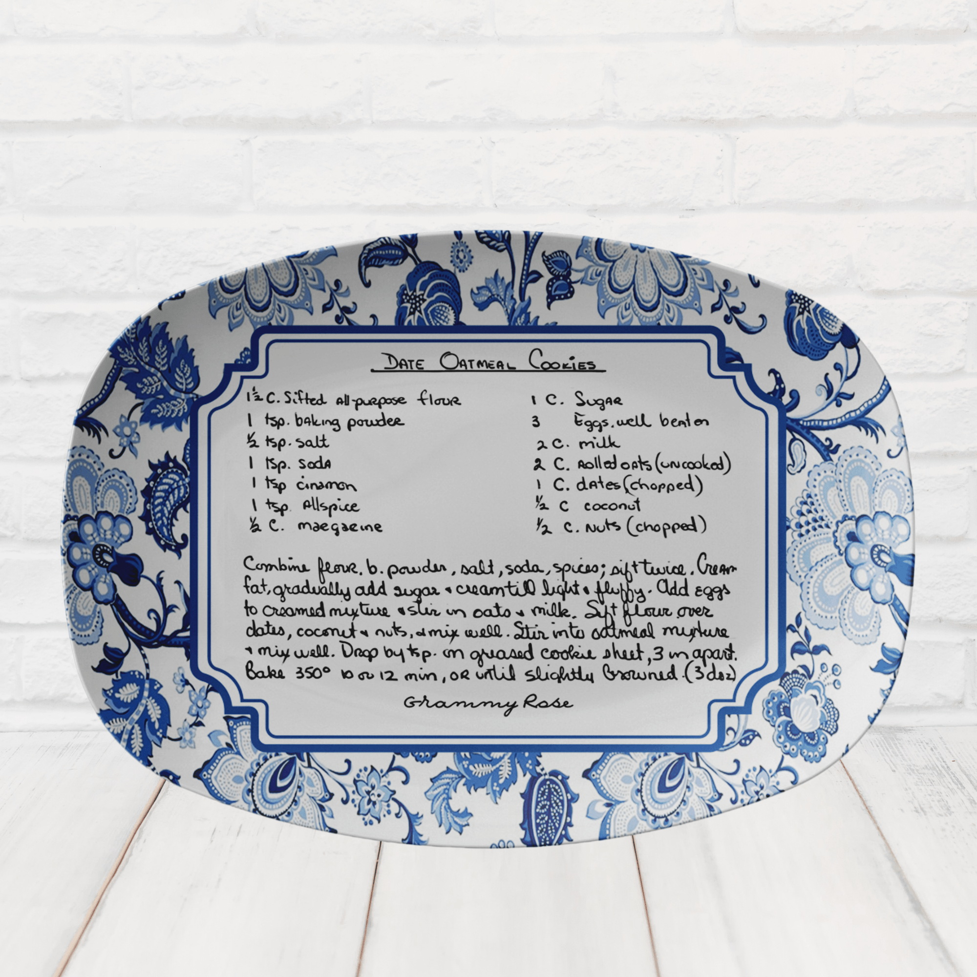 Kate McEnroe New York Custom Handwritten Recipe Blue Chinoiserie Platter, Personalized Farmhouse Floral Heirloom Dinnerware, Jacobean Recipe Family Keepsake TrayServing Platters9727