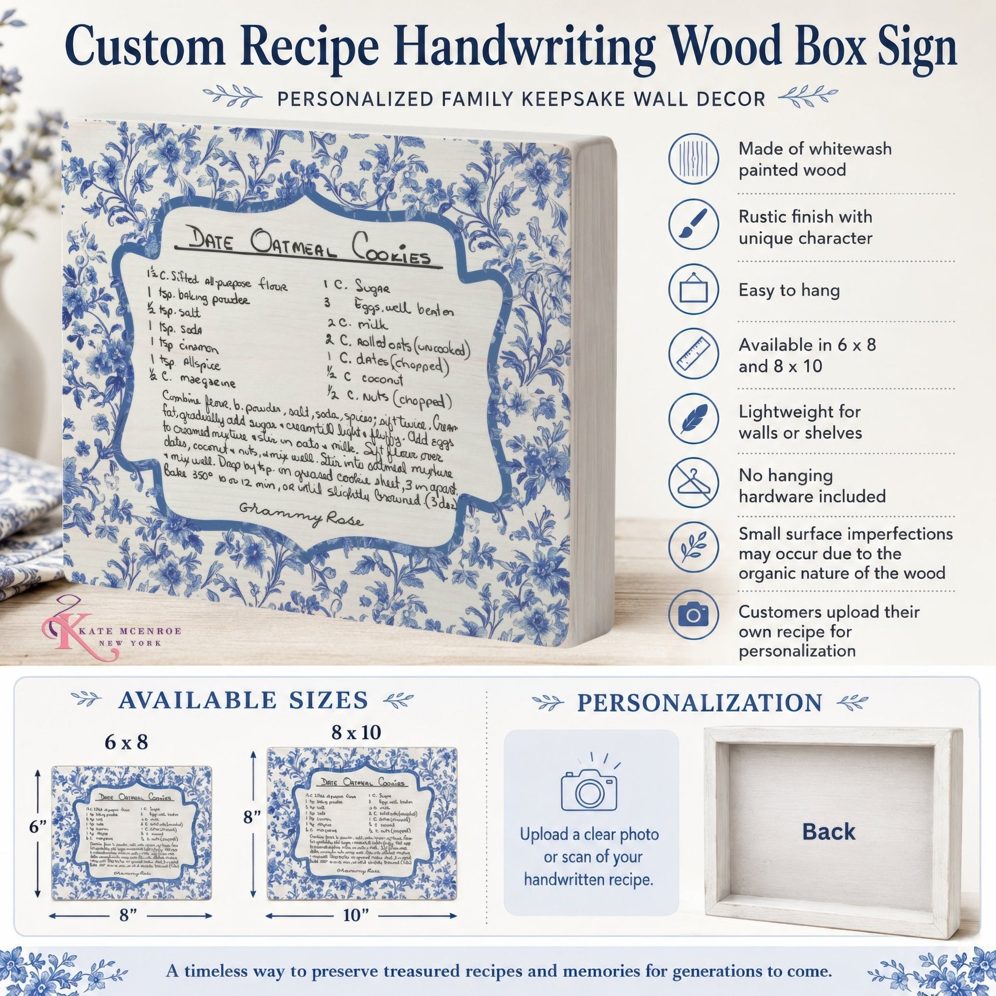 Kate McEnroe New York Custom Handwritten Recipe Wood Sign, Personalized Family Heirloom Keepsake Wall DecorWood Box Wall ArtCRH-WBWA-6X8