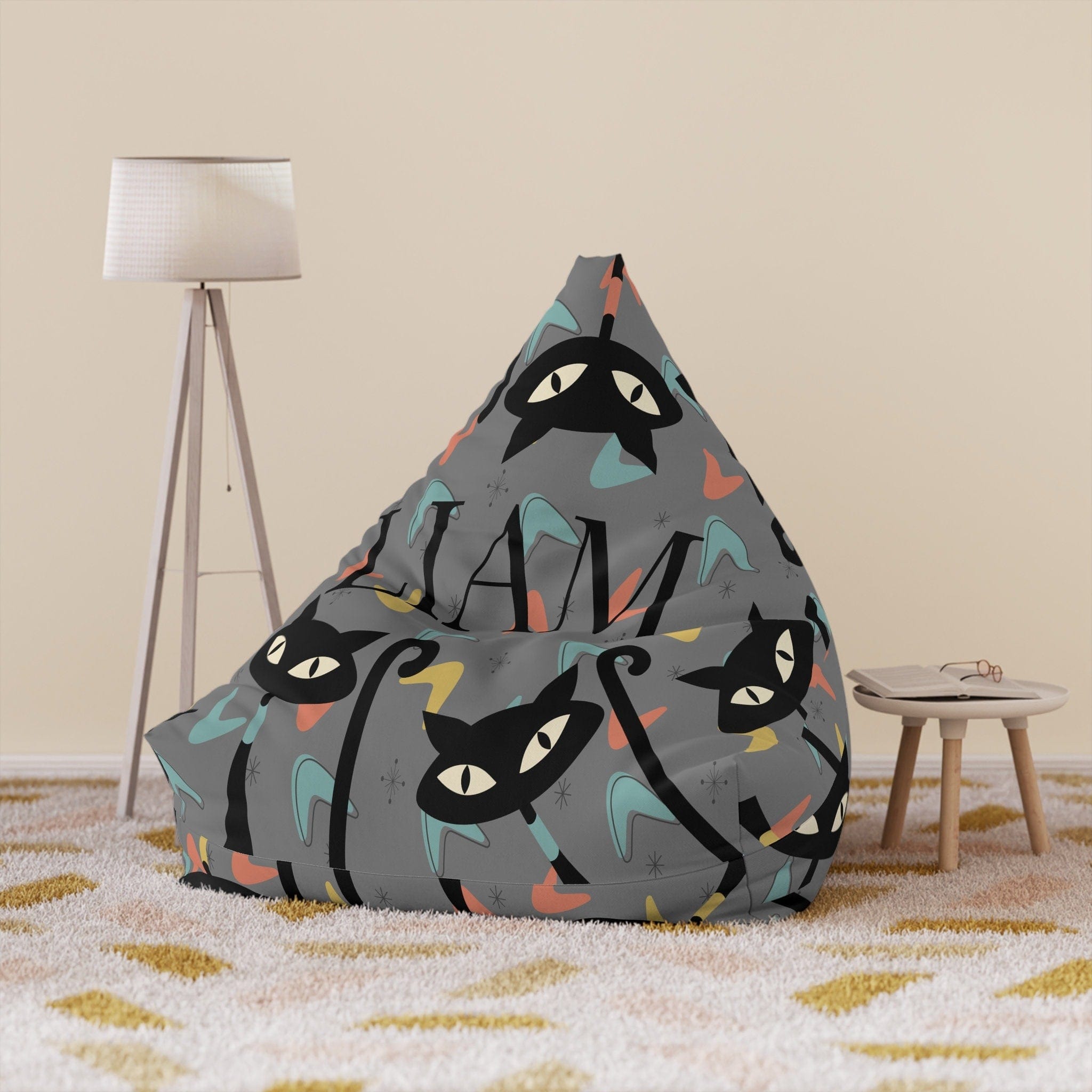 Kate McEnroe New York Custom Name Atomic Cat Bean Bag Chair Cover For Kids and Adults, Personalized Kitschy Cats, 12 Color Options, Gift for Her, Gift for HimBean Bag Chair Covers22816629930049905114