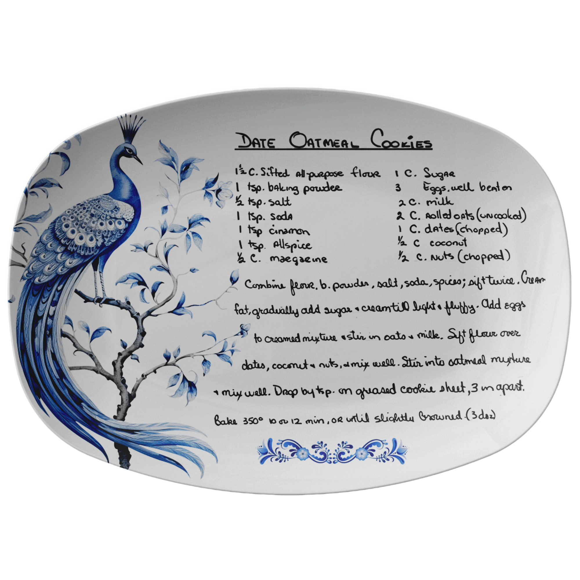 Kate McEnroe New York Custom Recipe Platter Chinoiserie Blue Peacock, Personalized Farmhouse Family Keepsake TrayServing Platters