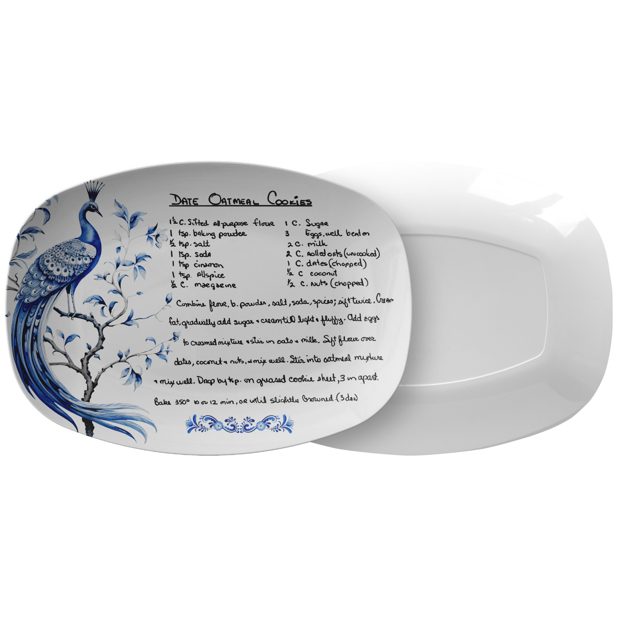 Kate McEnroe New York Custom Recipe Platter Chinoiserie Blue Peacock, Personalized Farmhouse Family Keepsake TrayServing Platters