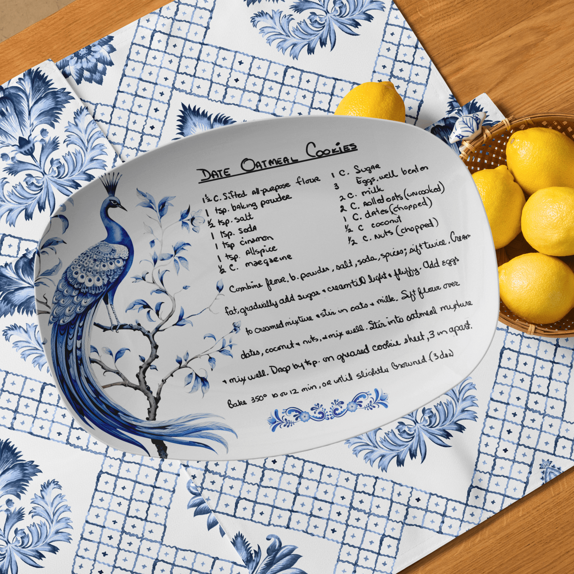 Kate McEnroe New York Custom Recipe Platter Chinoiserie Blue Peacock, Personalized Farmhouse Family Keepsake TrayServing Platters
