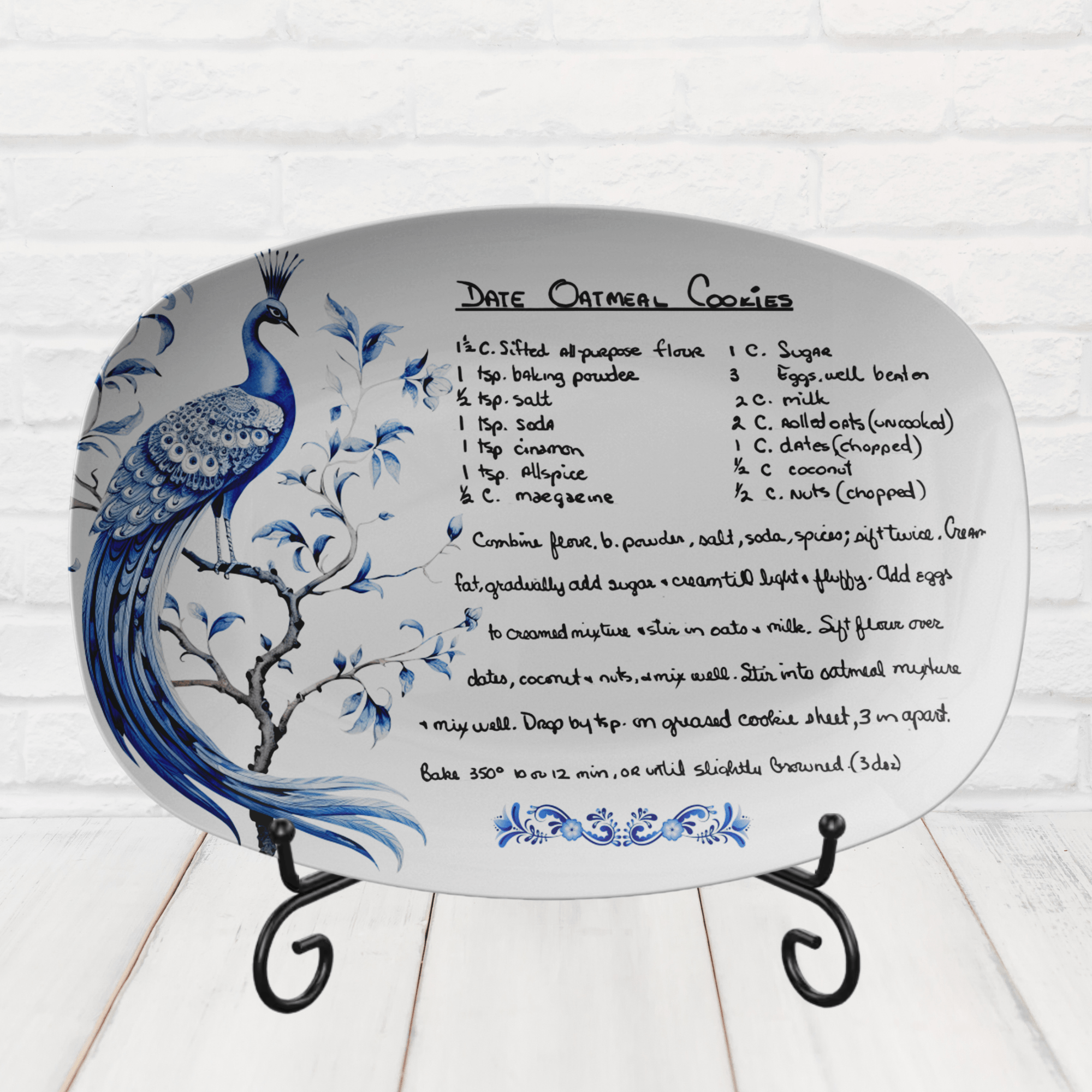 Kate McEnroe New York Custom Recipe Platter Chinoiserie Blue Peacock, Personalized Farmhouse Family Keepsake TrayServing Platters