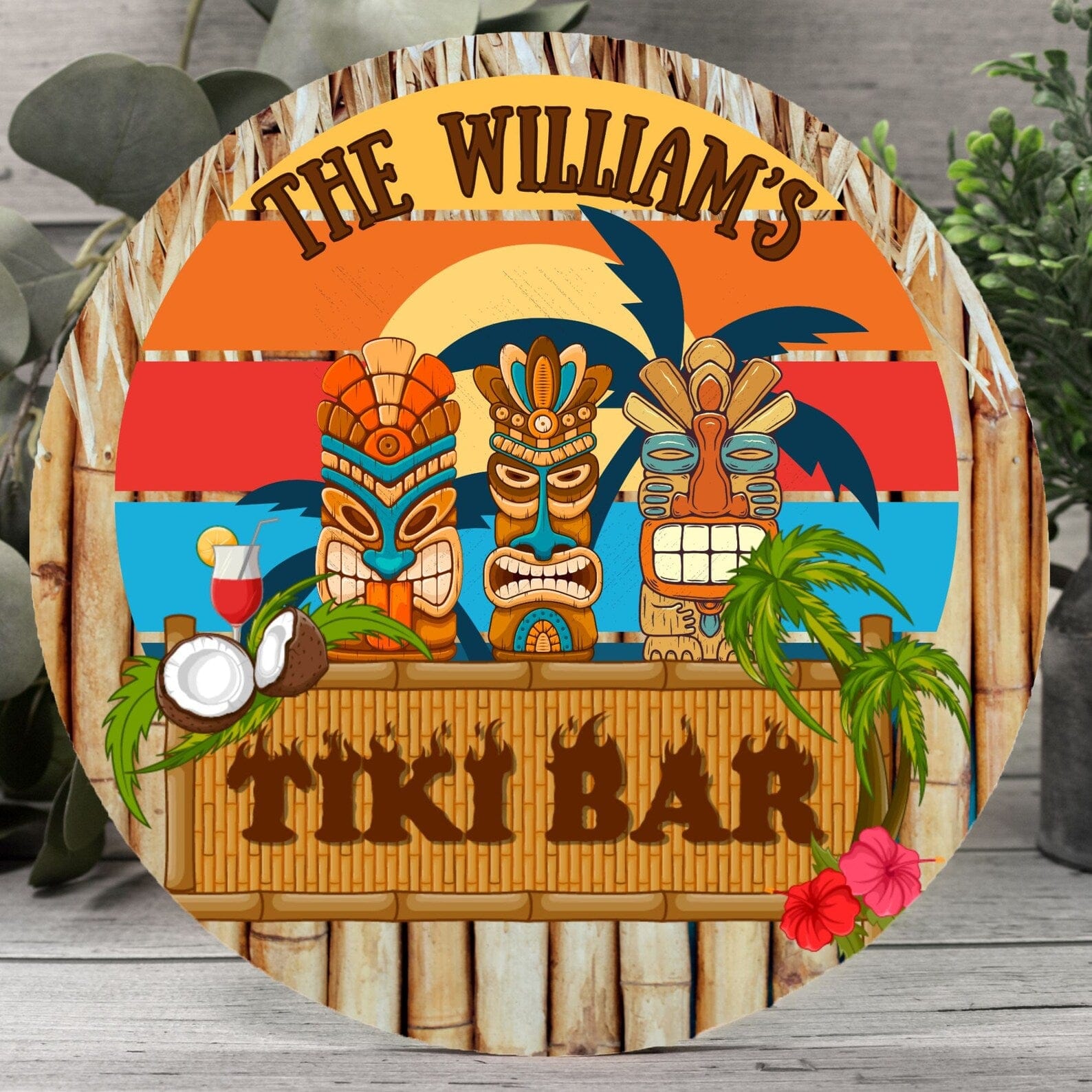 Kate McEnroe New York Custom Tiki Bar Door Sign, Tropical Polynesian Welcome Plaque, Personalized Home Bar Decor 12" (Round)Door HangersPMH58 - 12.2460825