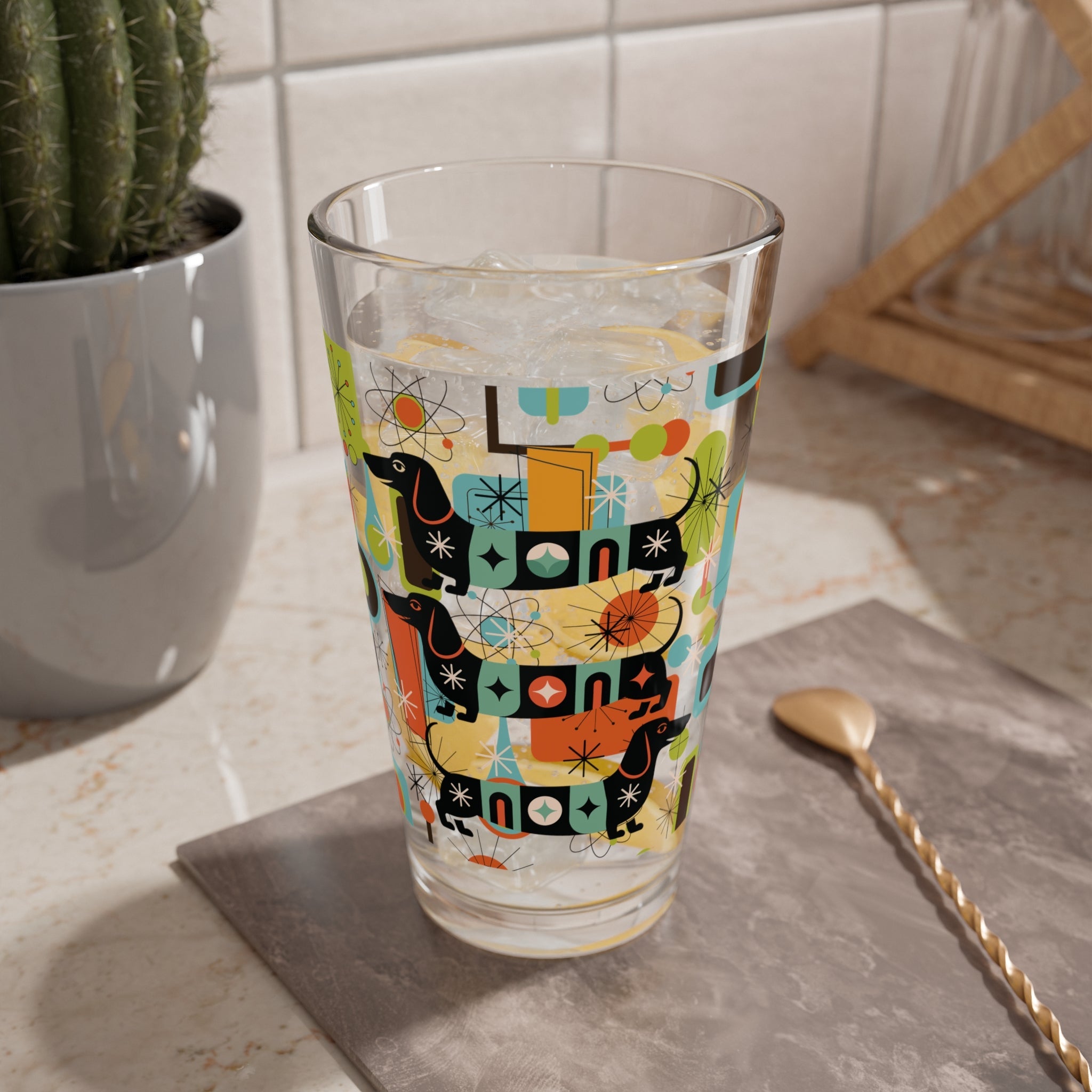 Kate McEnroe New York Dachshund Mid Century Modern Pint Glass, Retro MCM Starburst Barware, Atomic Age Sausage Dog DrinkwarePint Glasses15061615679051712798