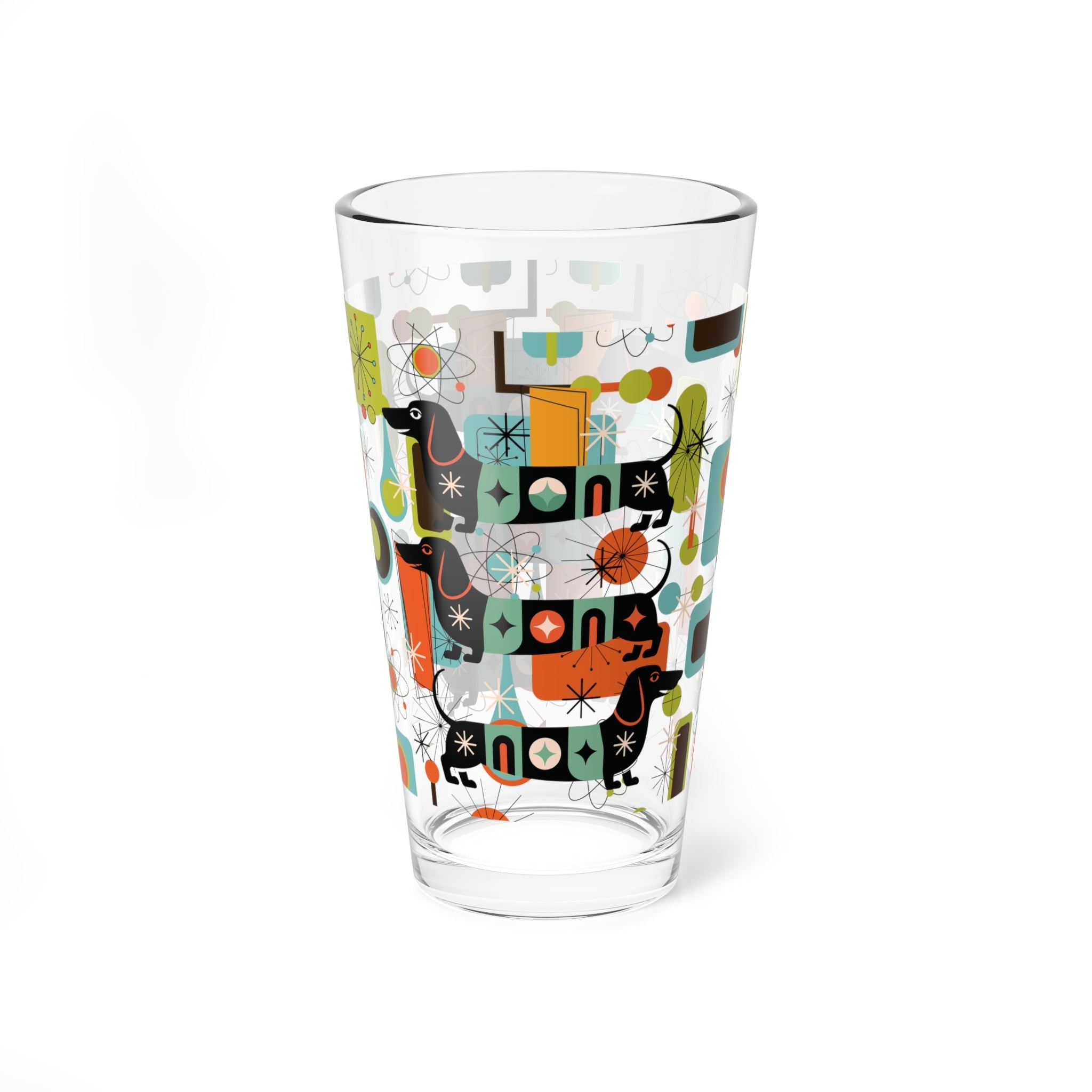 Kate McEnroe New York Dachshund Mid Century Modern Pint Glass, Retro MCM Starburst Barware, Atomic Age Sausage Dog DrinkwarePint Glasses15061615679051712798