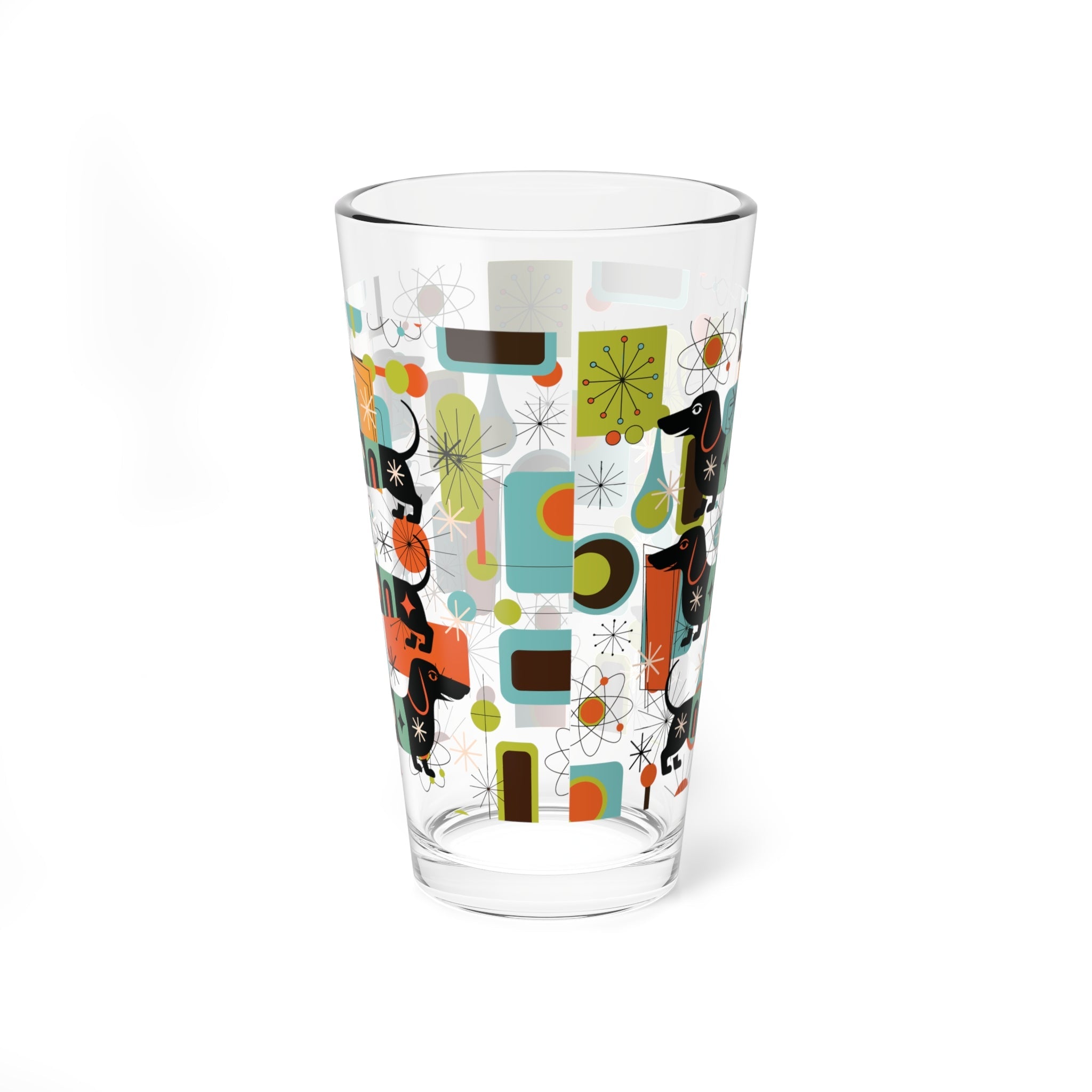 Kate McEnroe New York Dachshund Mid Century Modern Pint Glass, Retro MCM Starburst Barware, Atomic Age Sausage Dog DrinkwarePint Glasses15061615679051712798
