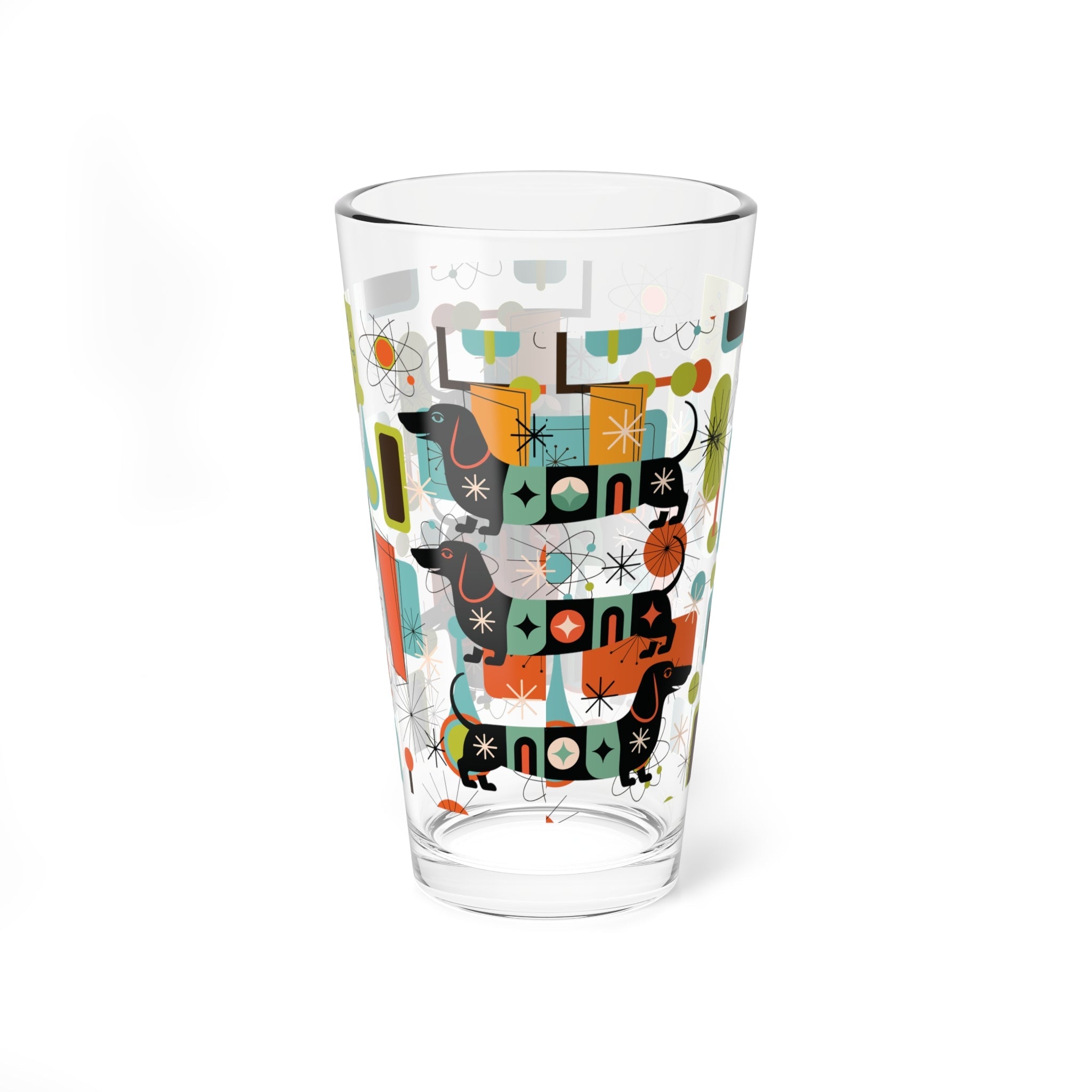 Kate McEnroe New York Dachshund Mid Century Modern Pint Glass, Retro MCM Starburst Barware, Atomic Age Sausage Dog DrinkwarePint Glasses15061615679051712798